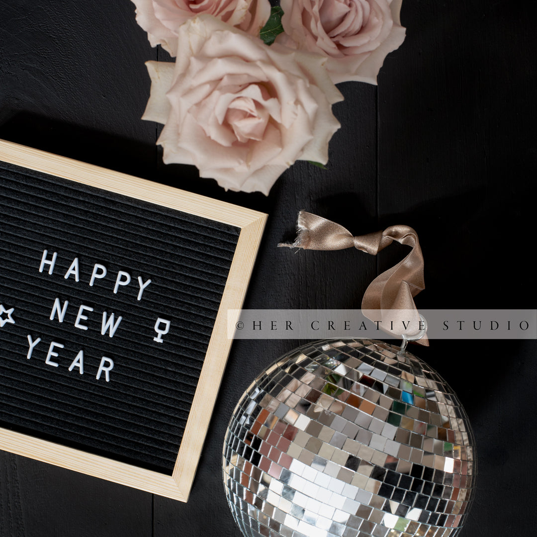 Disco Ball, Roses & Happy New Year, Stock Image