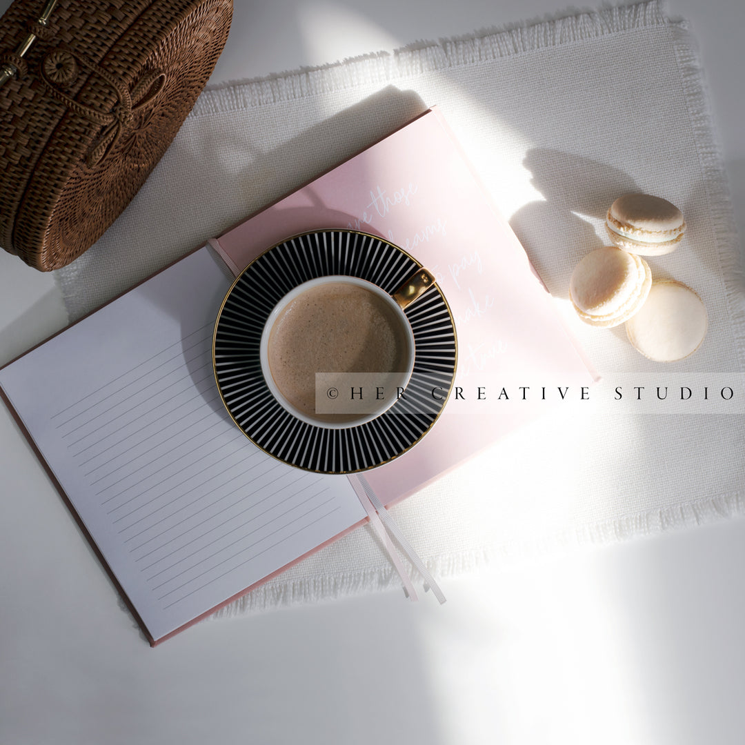 Coffee, Macaroons & Notebook in Sunshine, Styled Image