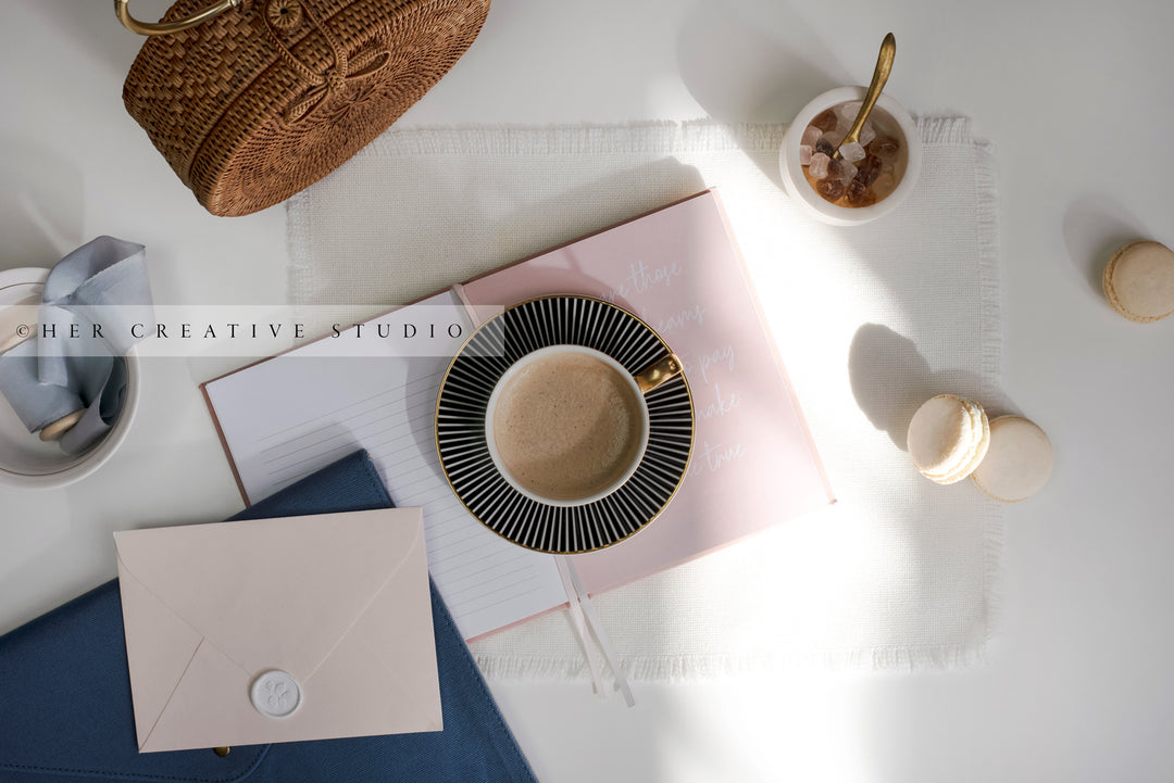 Envelope & Notebook with Coffee . Styled Image.