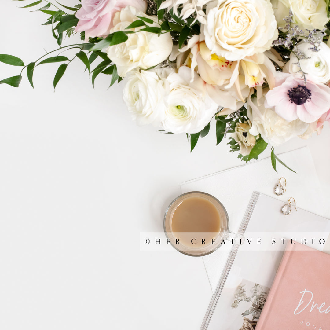 Coffee & Flowers on Workspace, Styled Stock Image