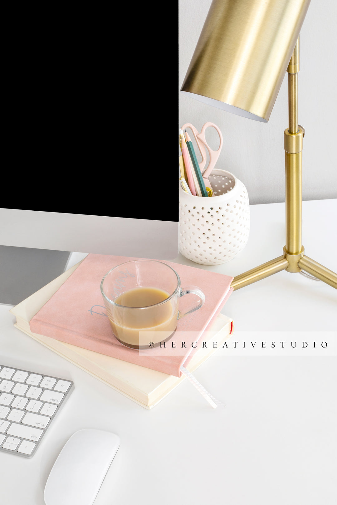 Computer, Coffee & Gold Lamp on Workspace, Styled Stock Image