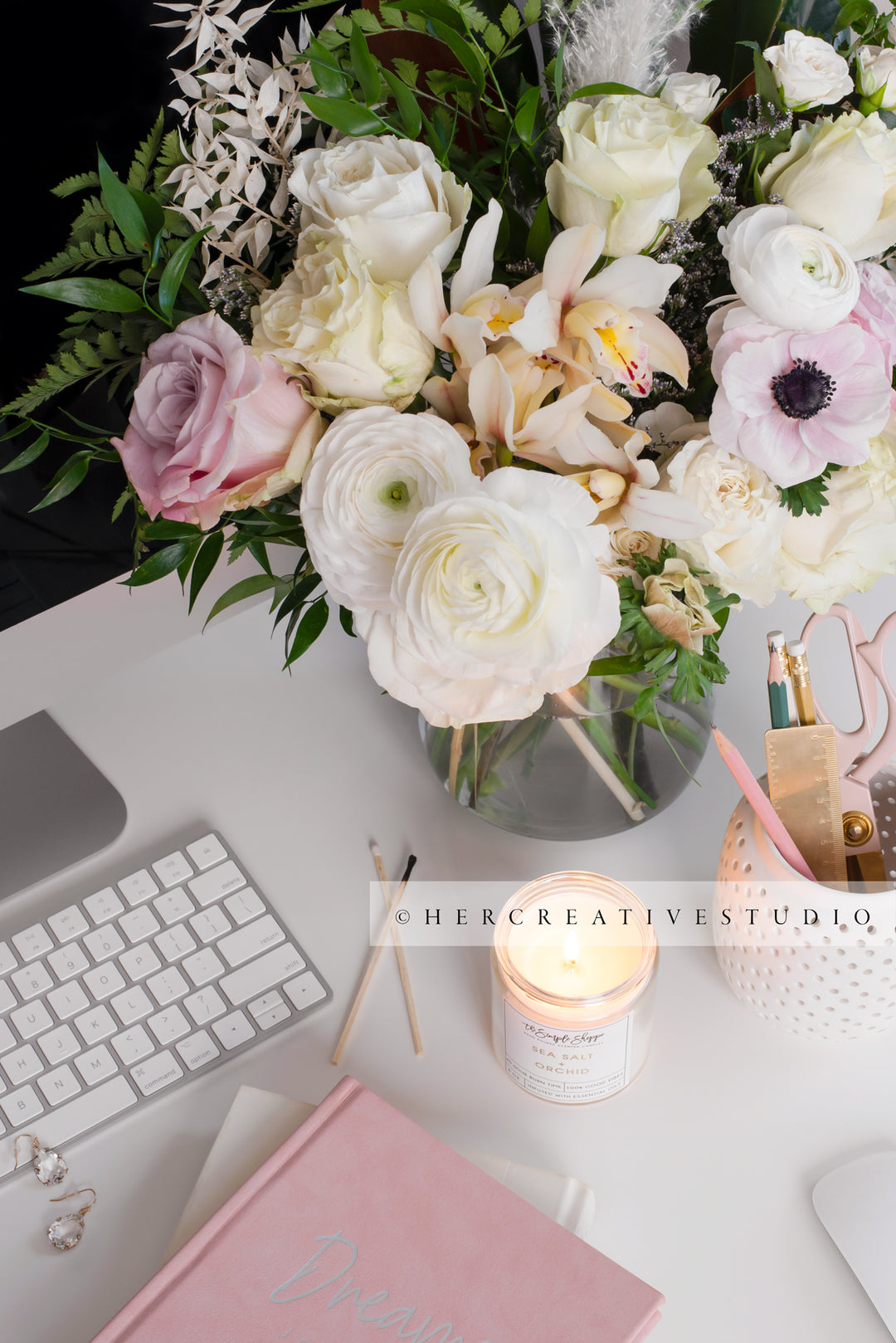 Flowers & Candle on Pretty Workspace, Styled Stock Image