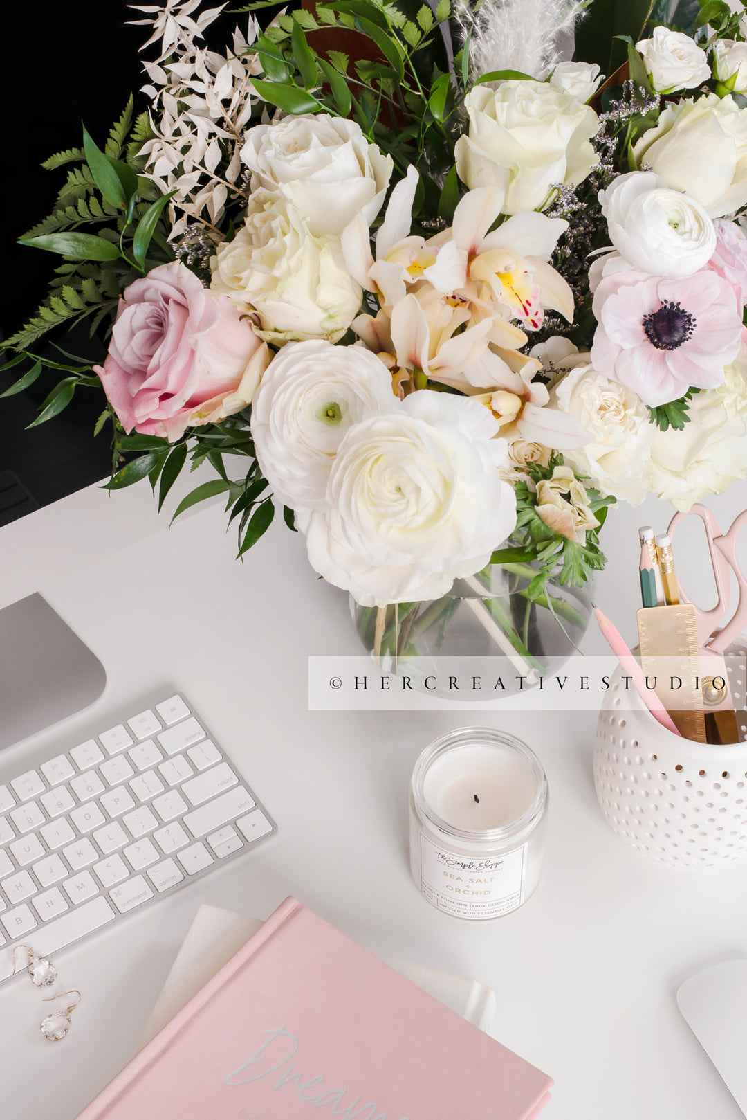 Flowers & Candle on Workspace, Styled Stock Image