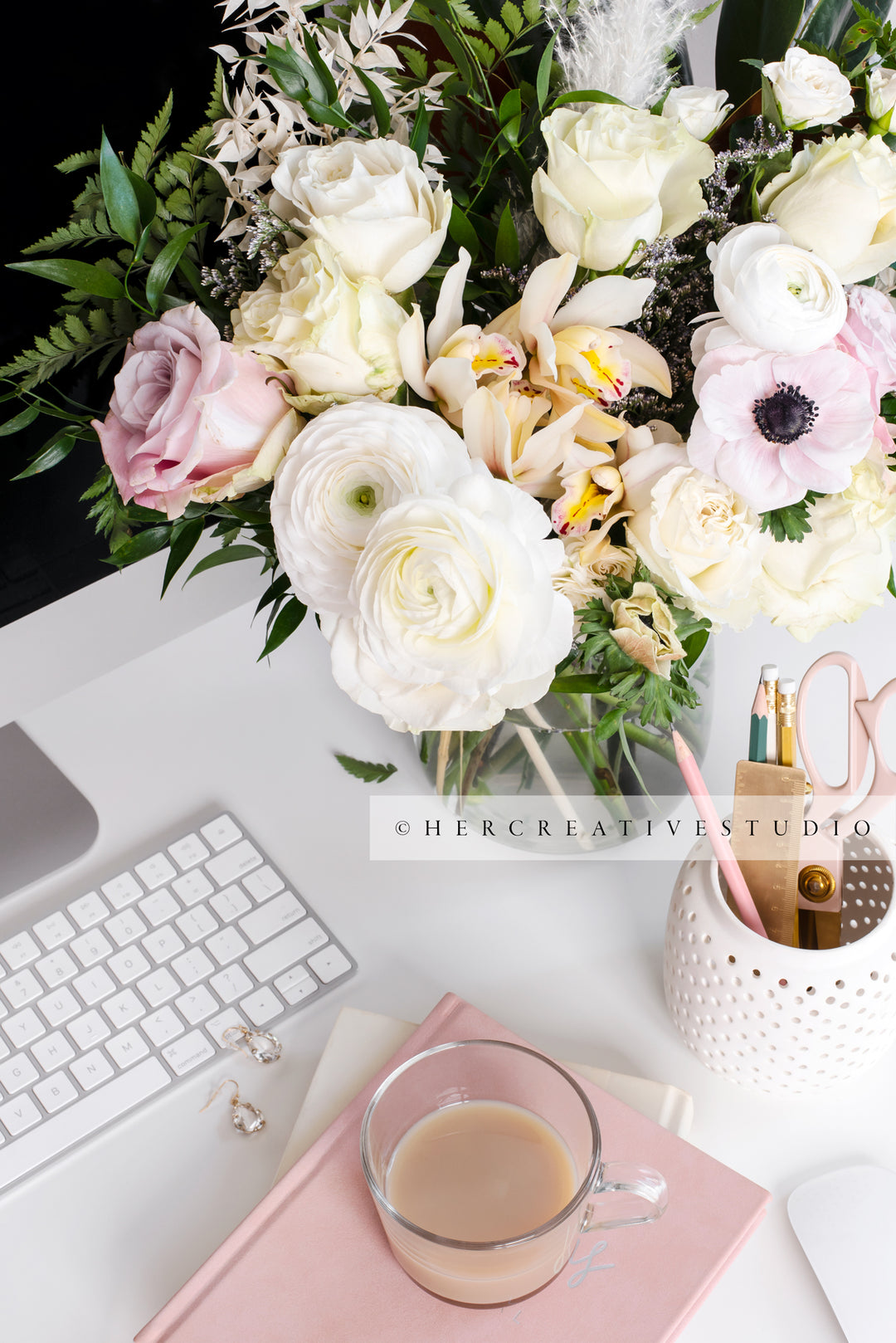 Coffee, Flowers & Computer on Workspace, Styled Stock Image