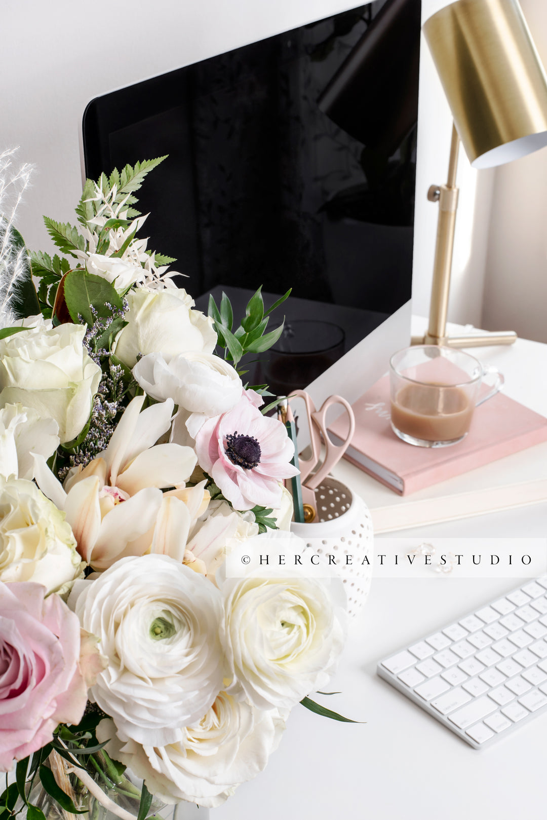 Flowers & Gold Lamp on Pretty Workspace, Styled Stock Image