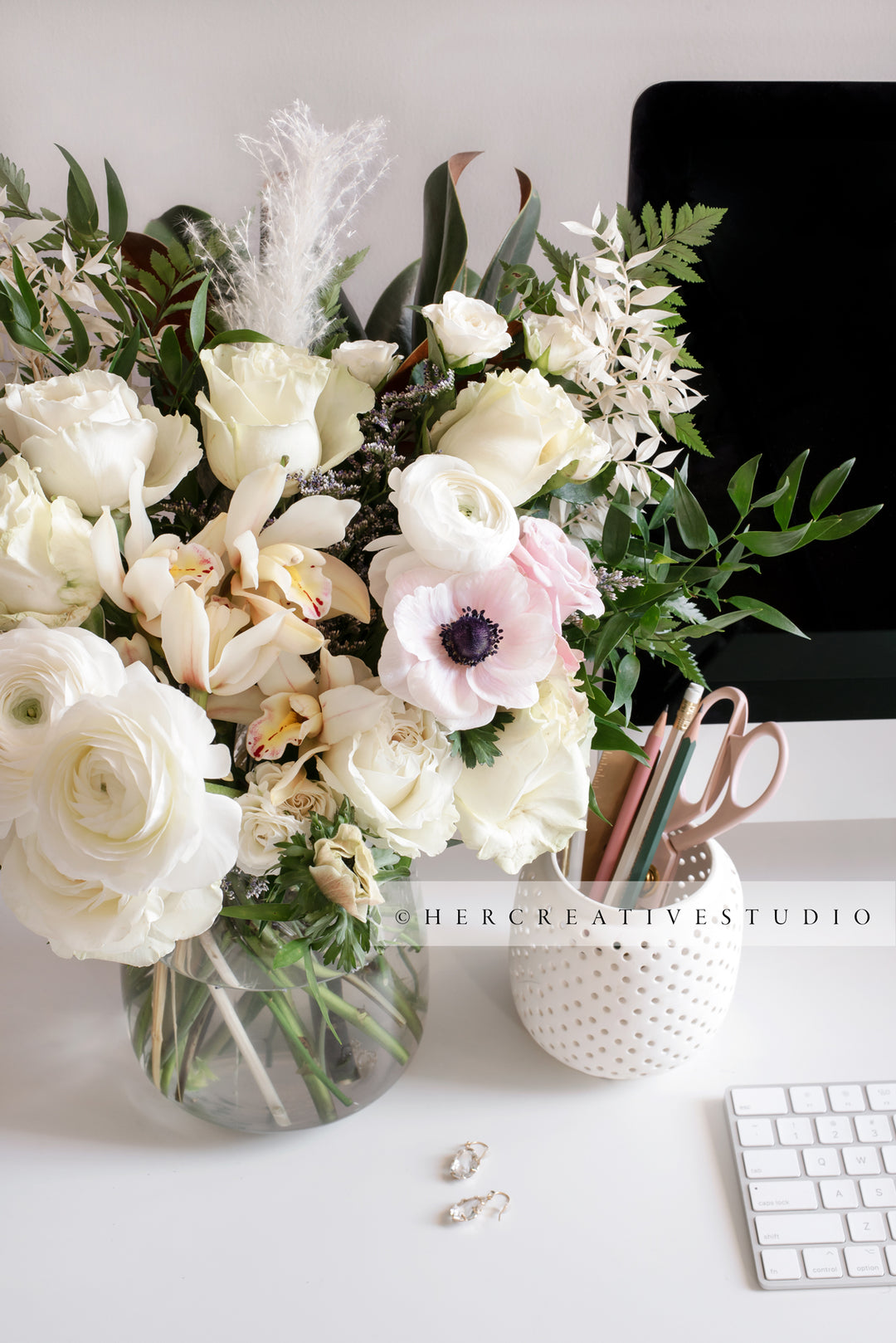 Flowers & Pencil Holder on Pretty Workspace, Styled Stock Image