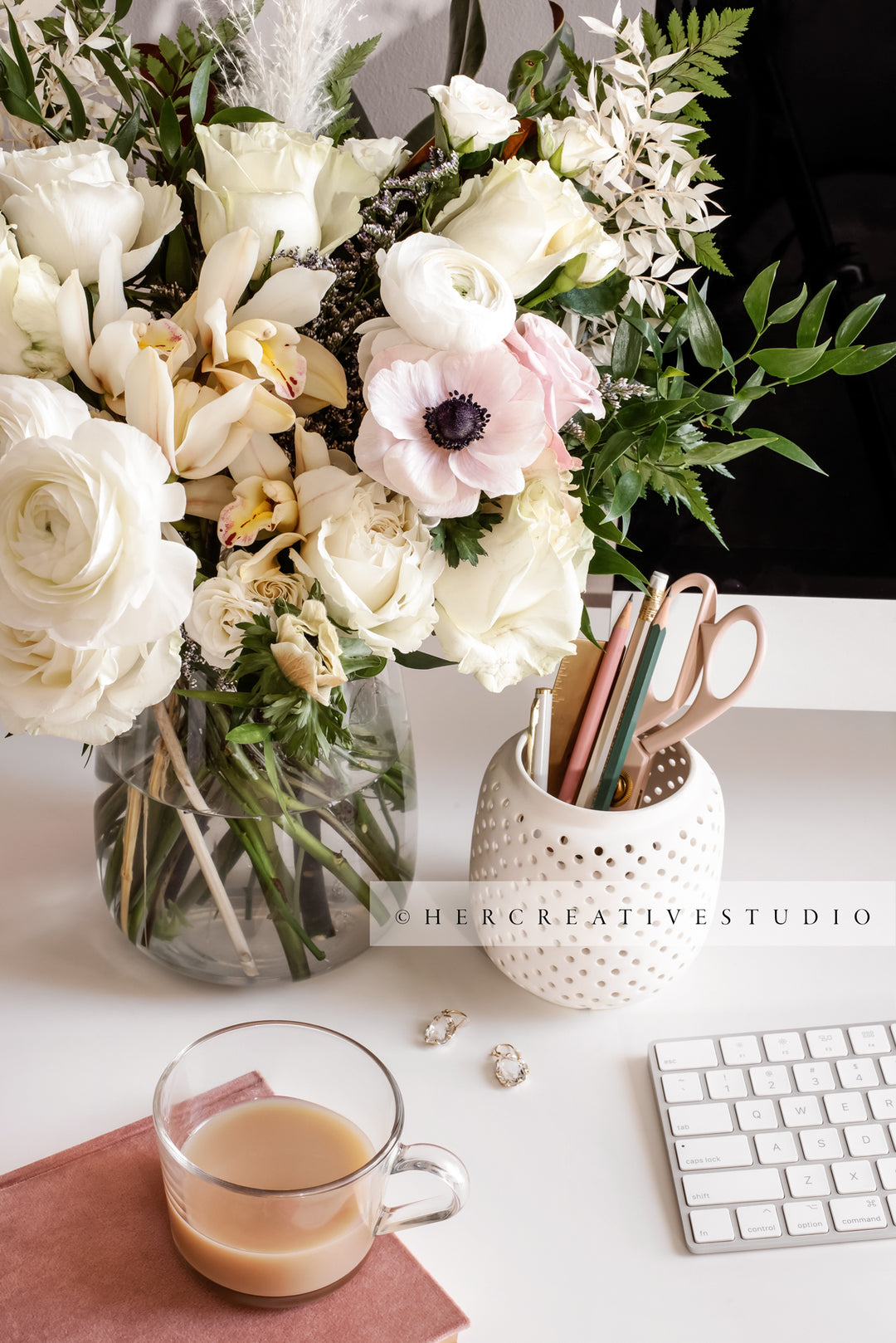 Flowers, Coffee & Pencil Holder on Pretty Workspace, Styled Stock Image