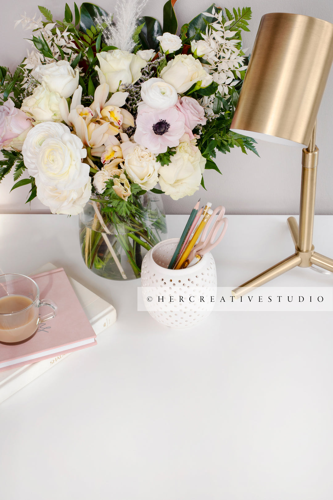 Flowers, Gold Lamp & Pencil Holder on Workspace, Styled Stock Image