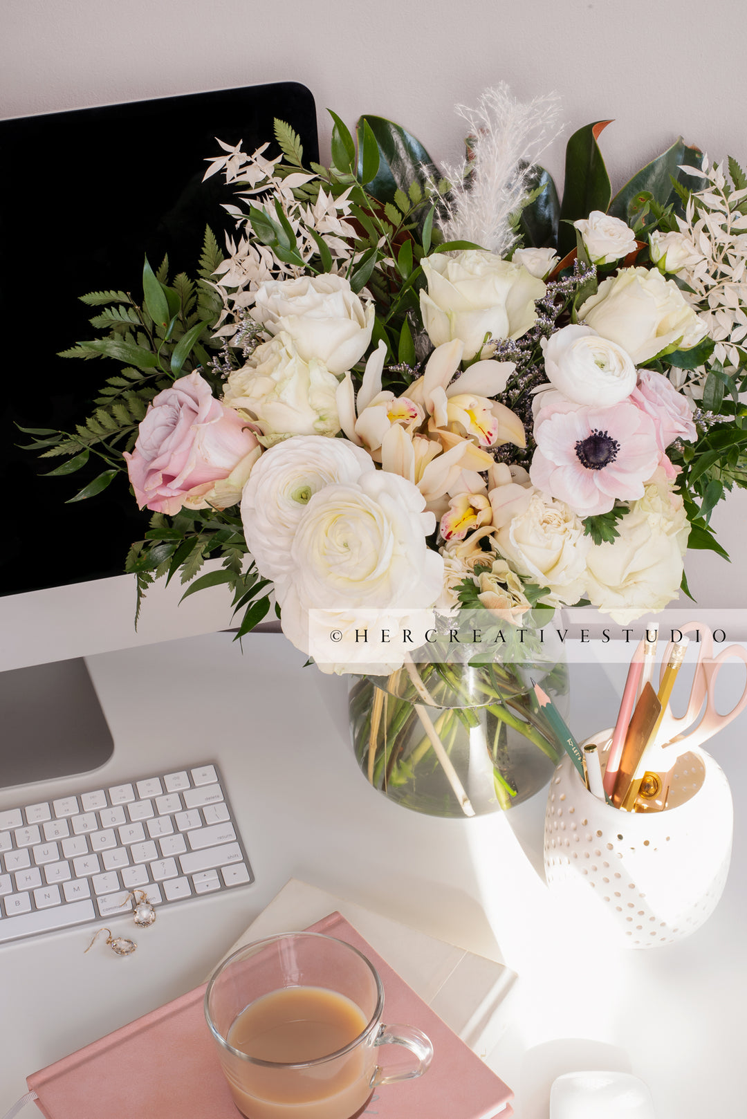 Flowers, & Pencil Holder in Sunny Workspace, Styled Stock Image