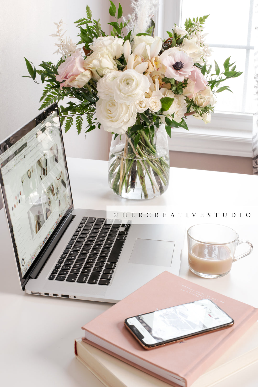 Coffee, Flowers & Laptop on Pretty Workspace, Styled Stock Image