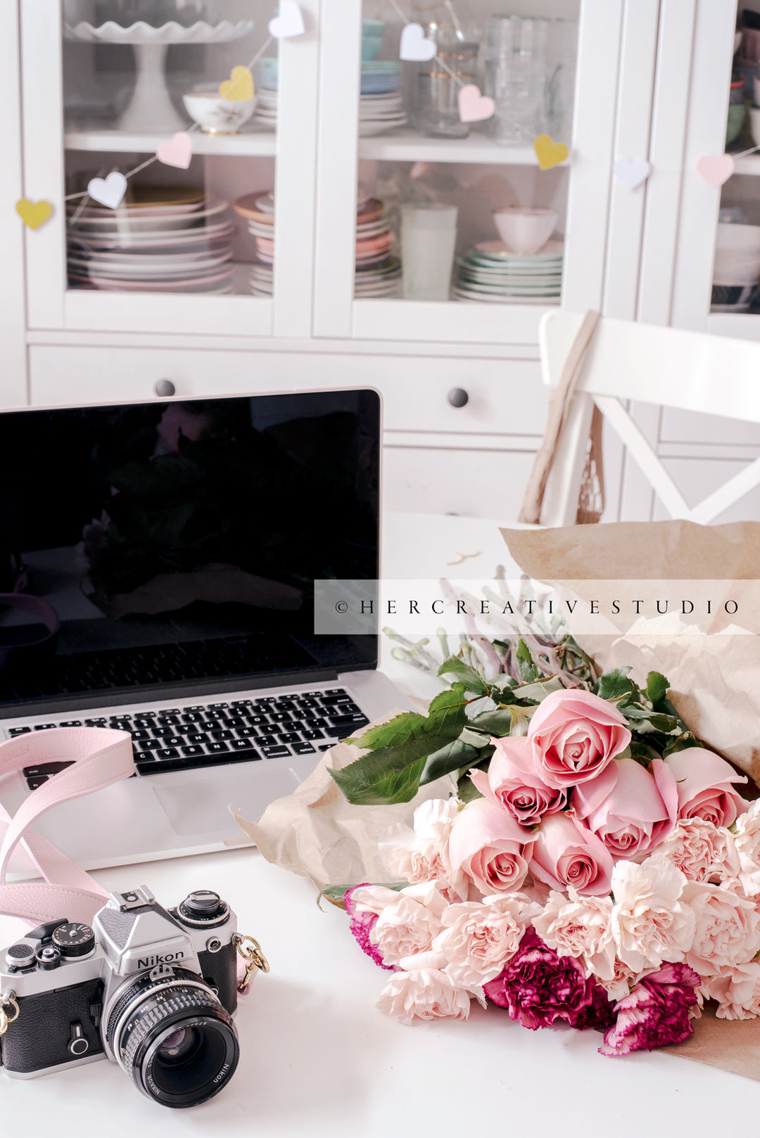 Camera, Laptop and Roses on White Table, Styled Stock Image