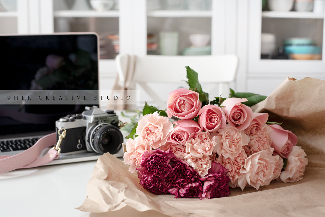Flowers on White Table Workspace, Styled Image