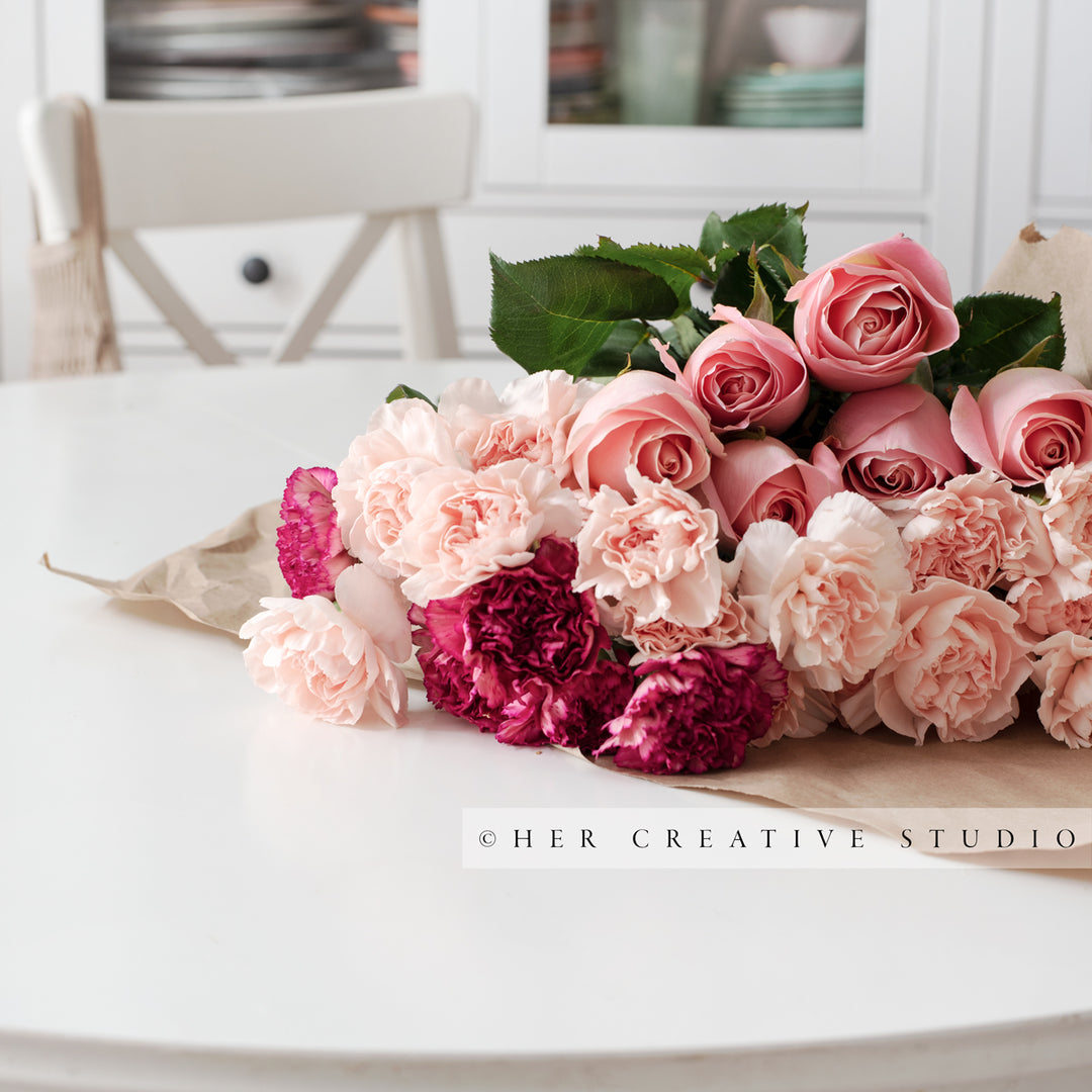 Roses & Carnations on White Table, Styled Image