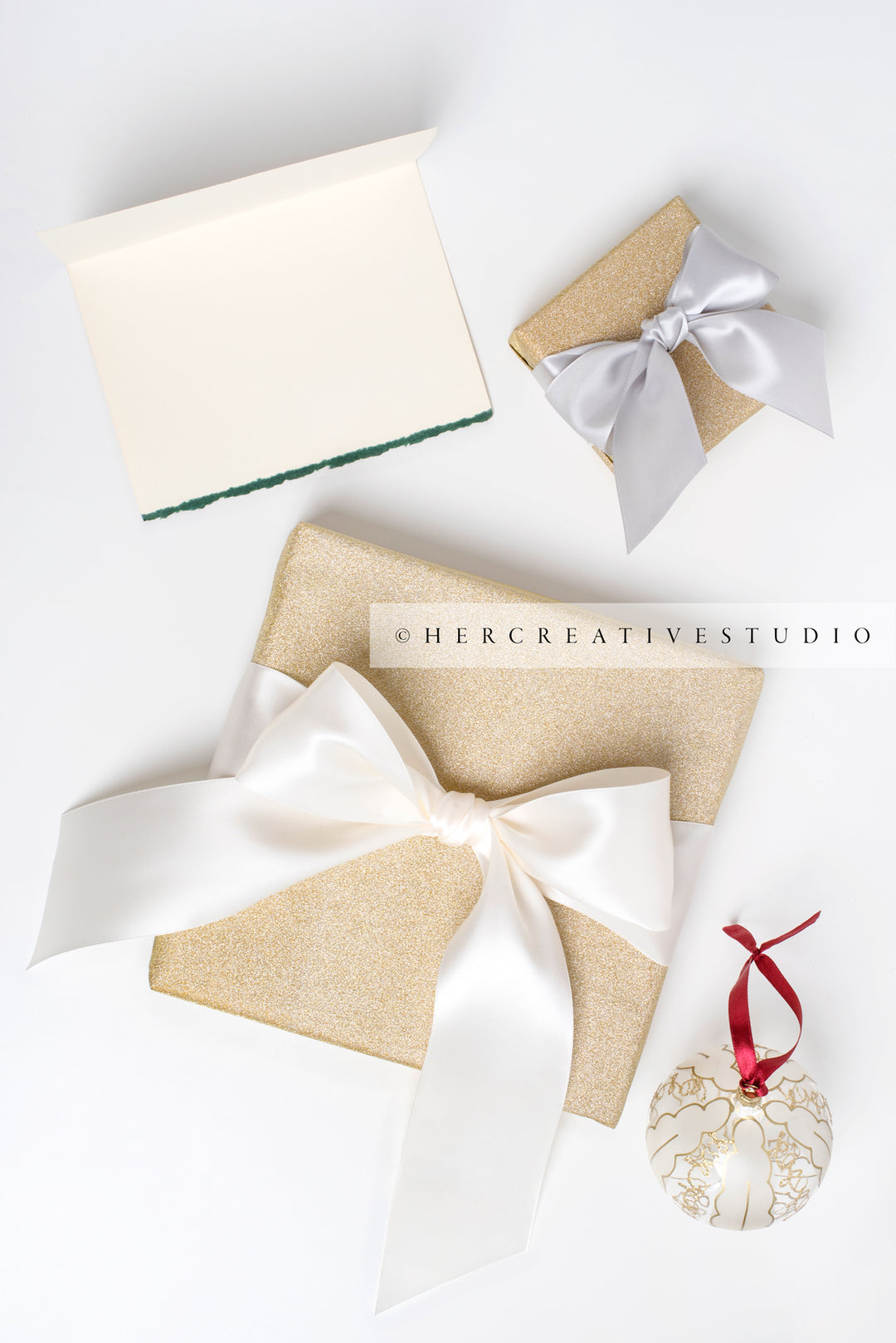 Gold Presents with Ribbon, Ornament & Note Card