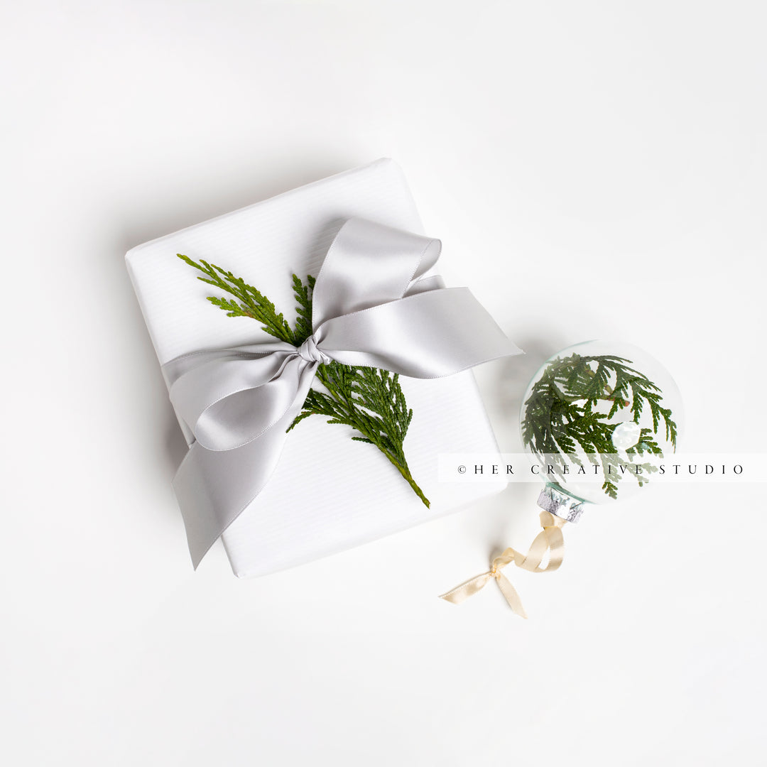 Holiday Gift with Grey Ribbon & Evergreen Twig