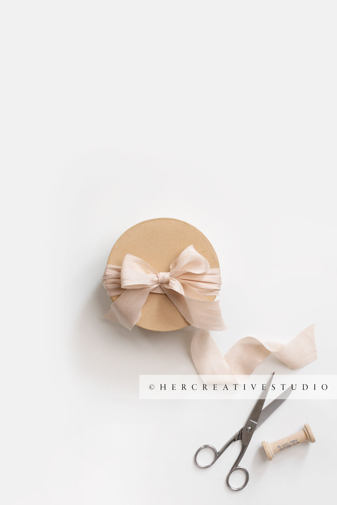 Kraft Paper Gift with Pink Silk Ribbon & Scissors, Stock Image