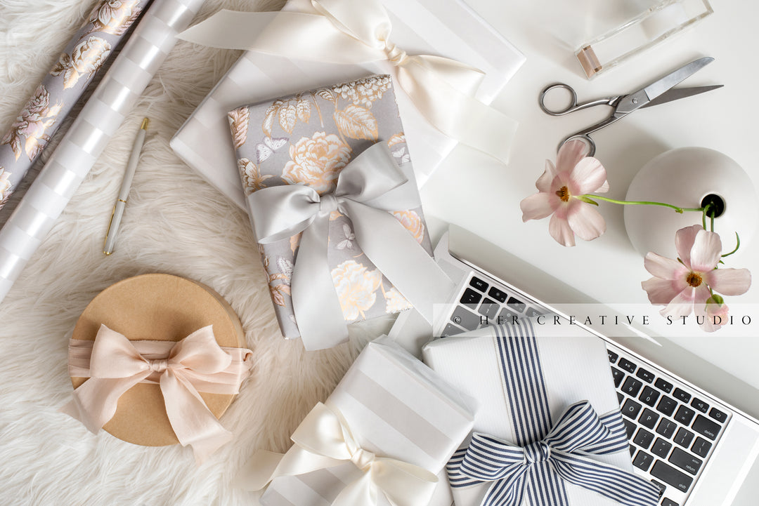 Tablet, Gifts & Pretty Wrapping Paper. Stock Image