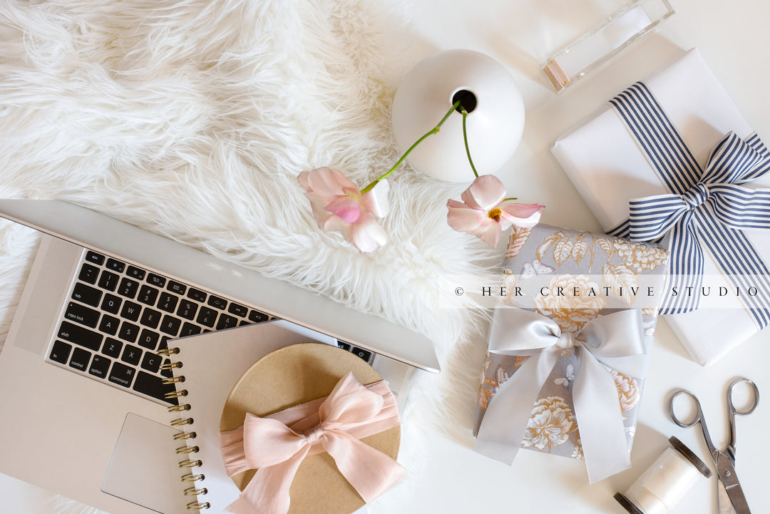 Gifts, Laptop, Flowers & Notebook. Stock Image