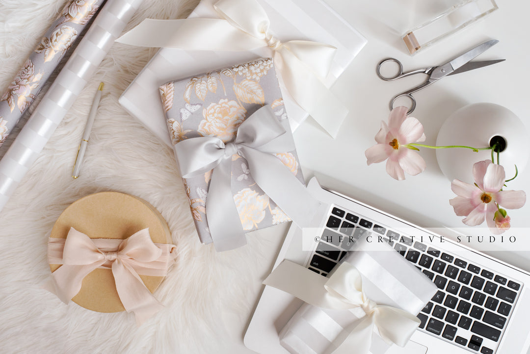 Gifts, Laptop & Flowers. Stock Image