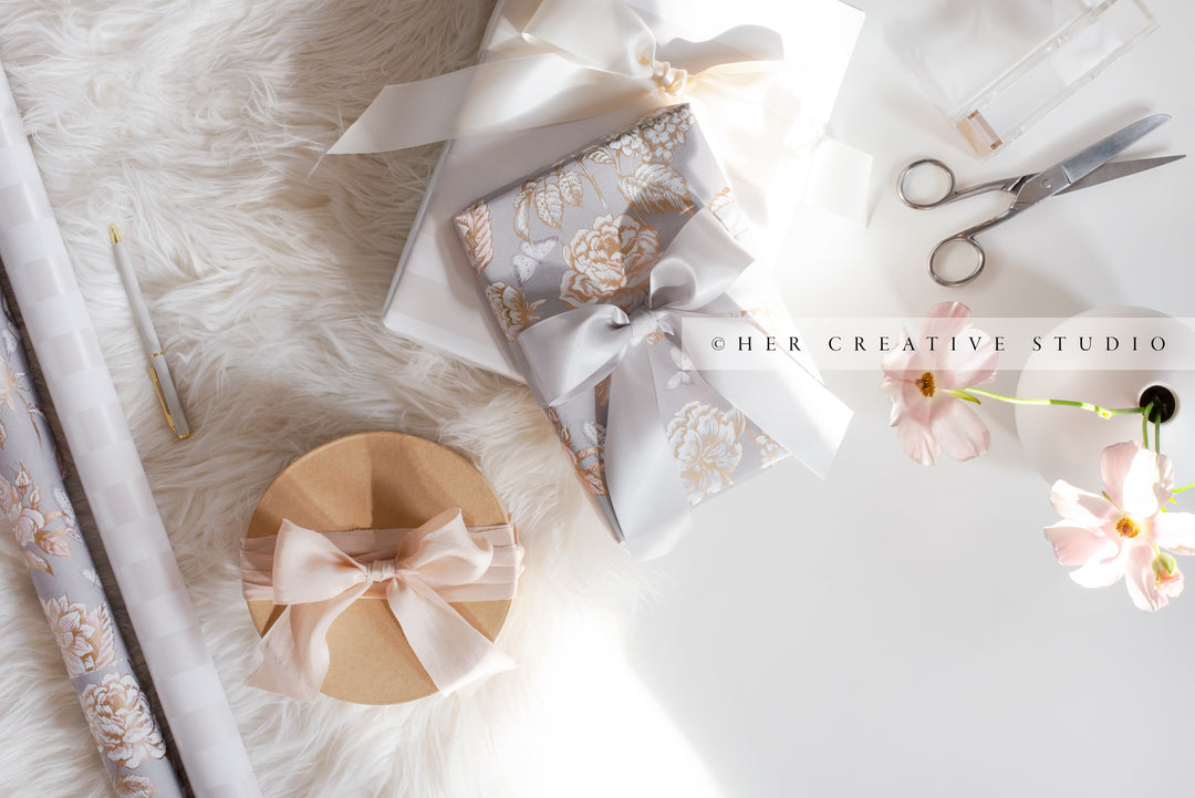 Gifts, Scissors & Wrapping Paper in Sunlight, Stock Image – Her