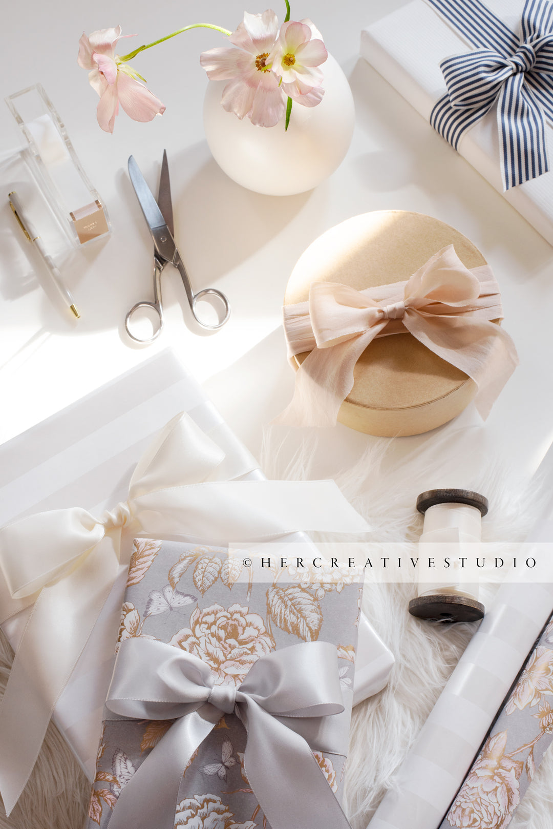 Gifts with Ribbon & Wrapping Paper in Sunlight. Stock Image
