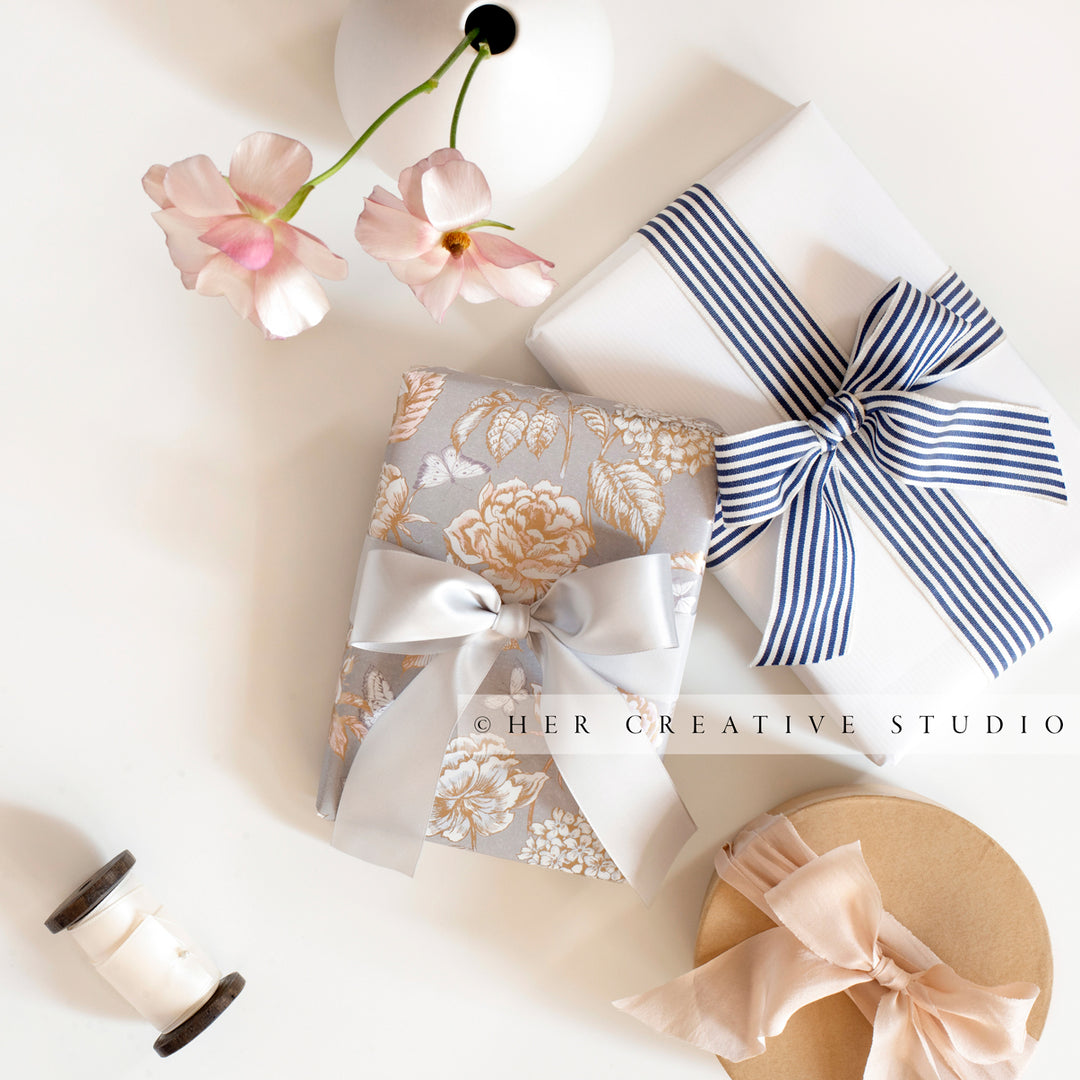 Gifts with Pretty Wrapping Paper & Flowers, Stock Image