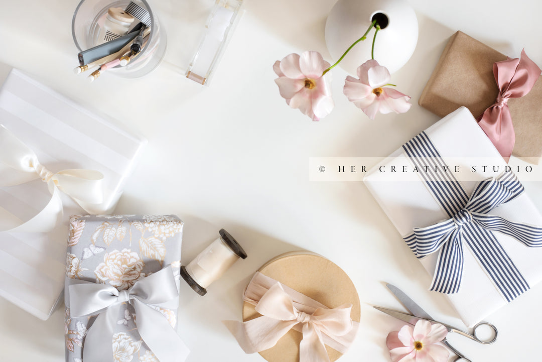 Gifts, Flowers & Wrapping Supplies on White Background, Stock Image