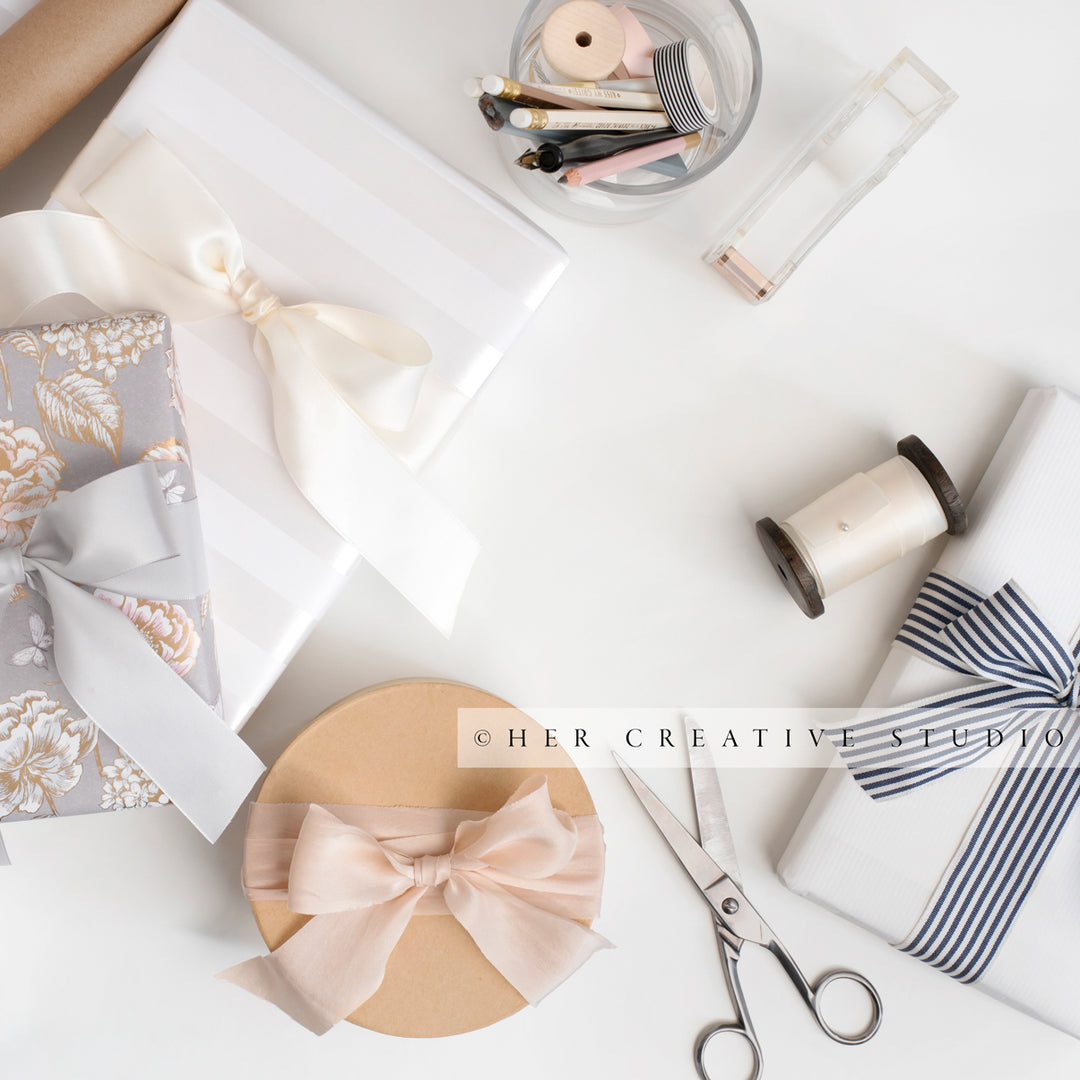 Gifts with Ribbon on White Background, Stock Image