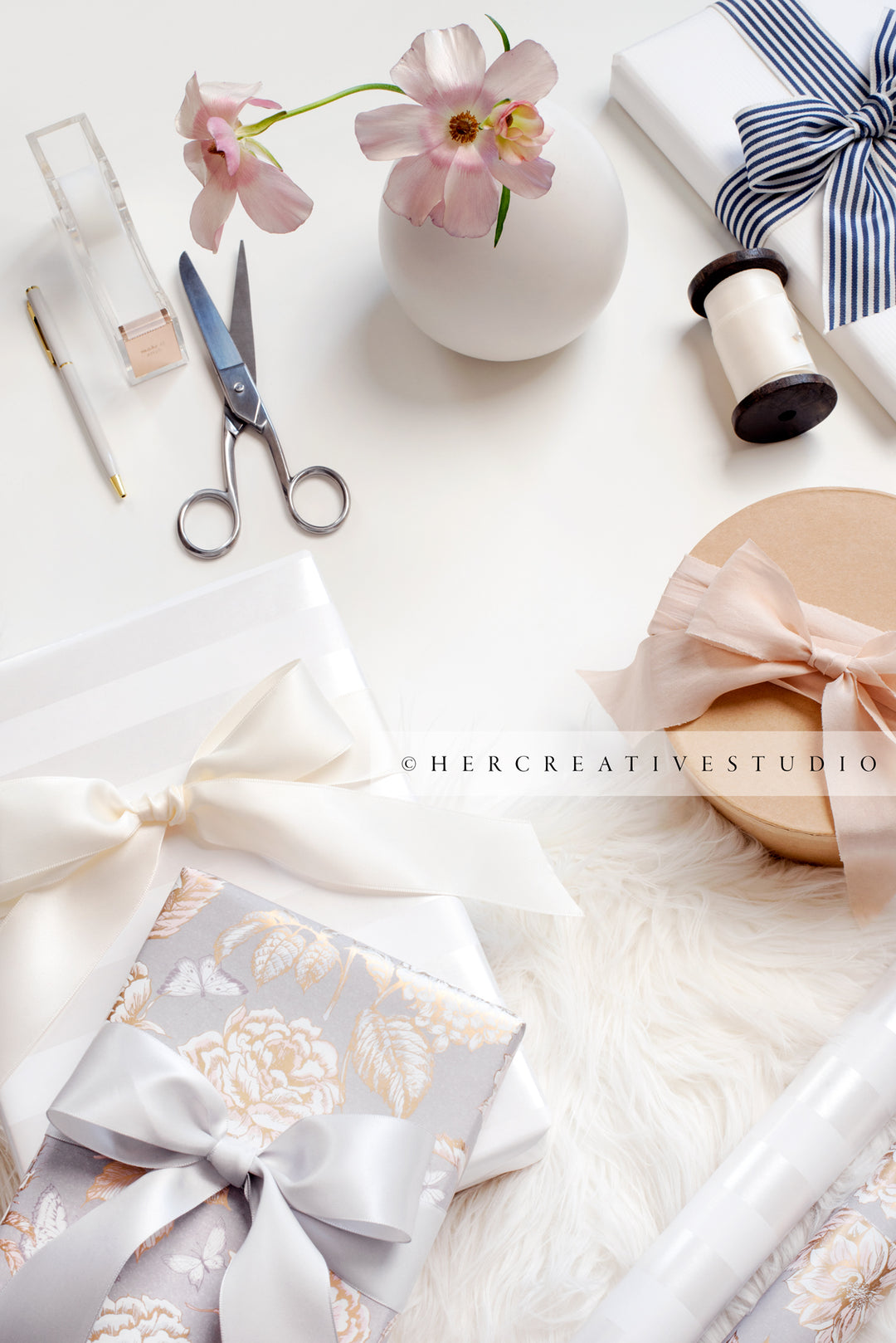 Gifts with Ribbon, Flowers & Scissors. Stock Image