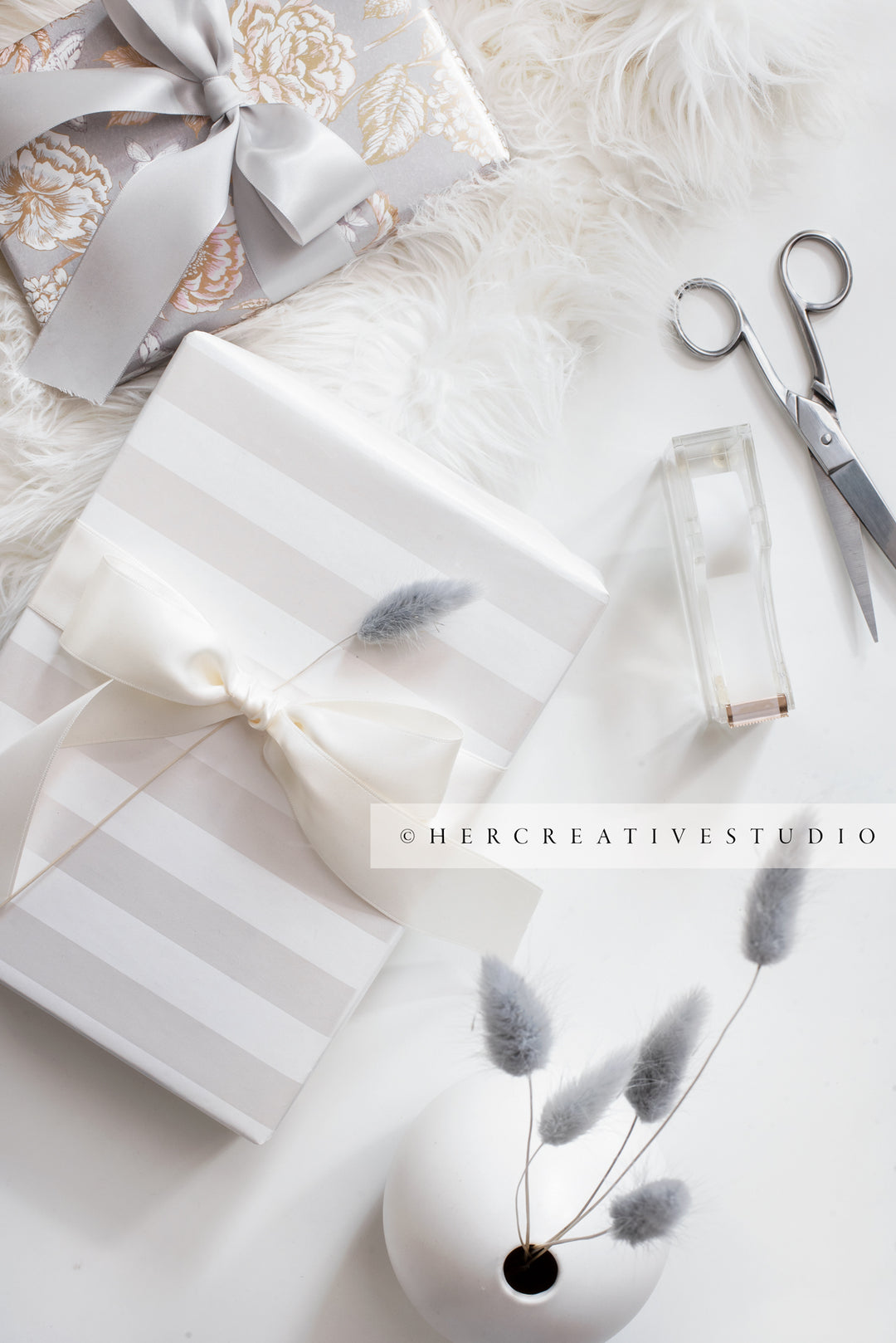 Gifts with Ribbon, Bunny Tails & Scissors, Stock Image