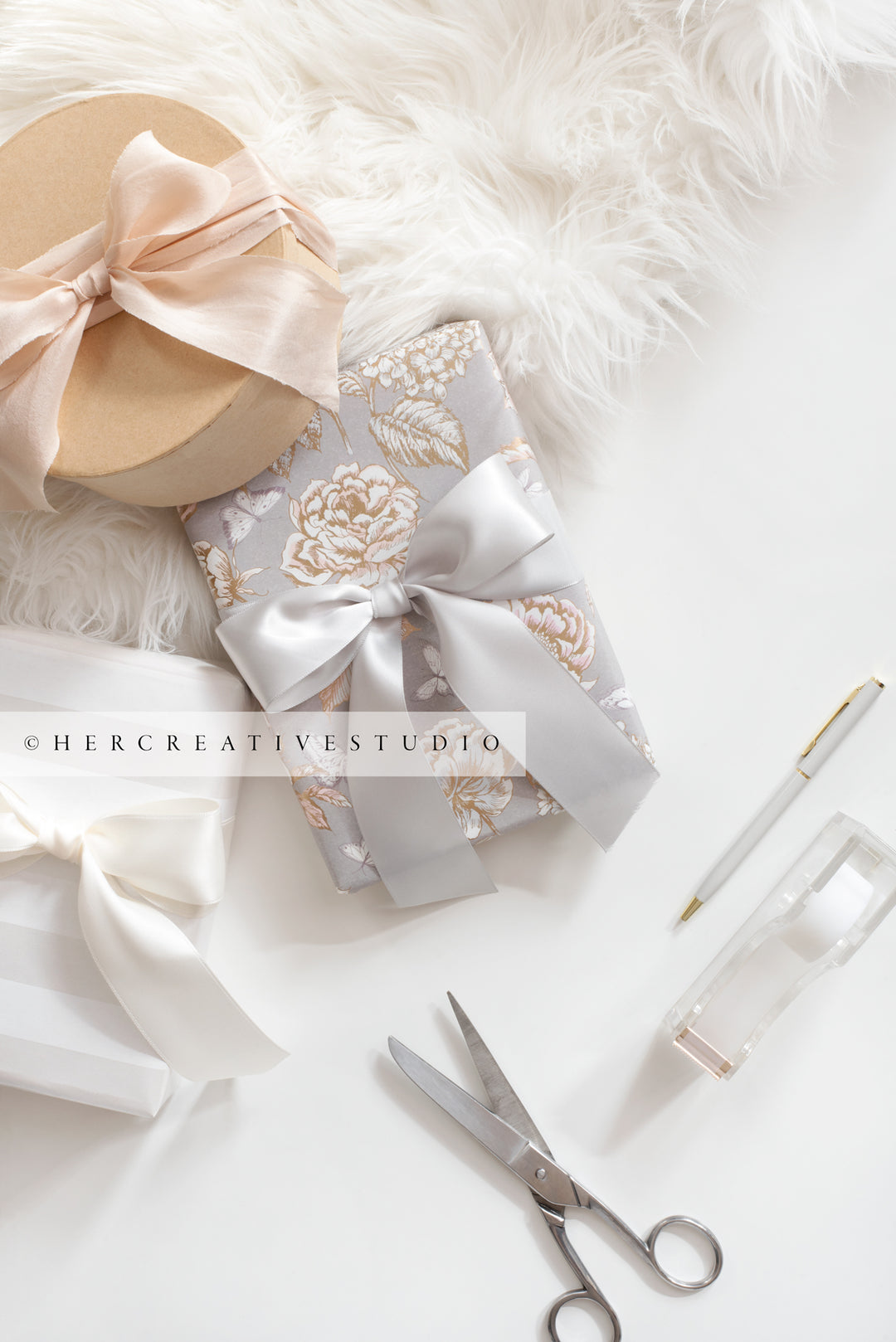 Gifts with Ribbon & Scissors on White Background, Stock Image
