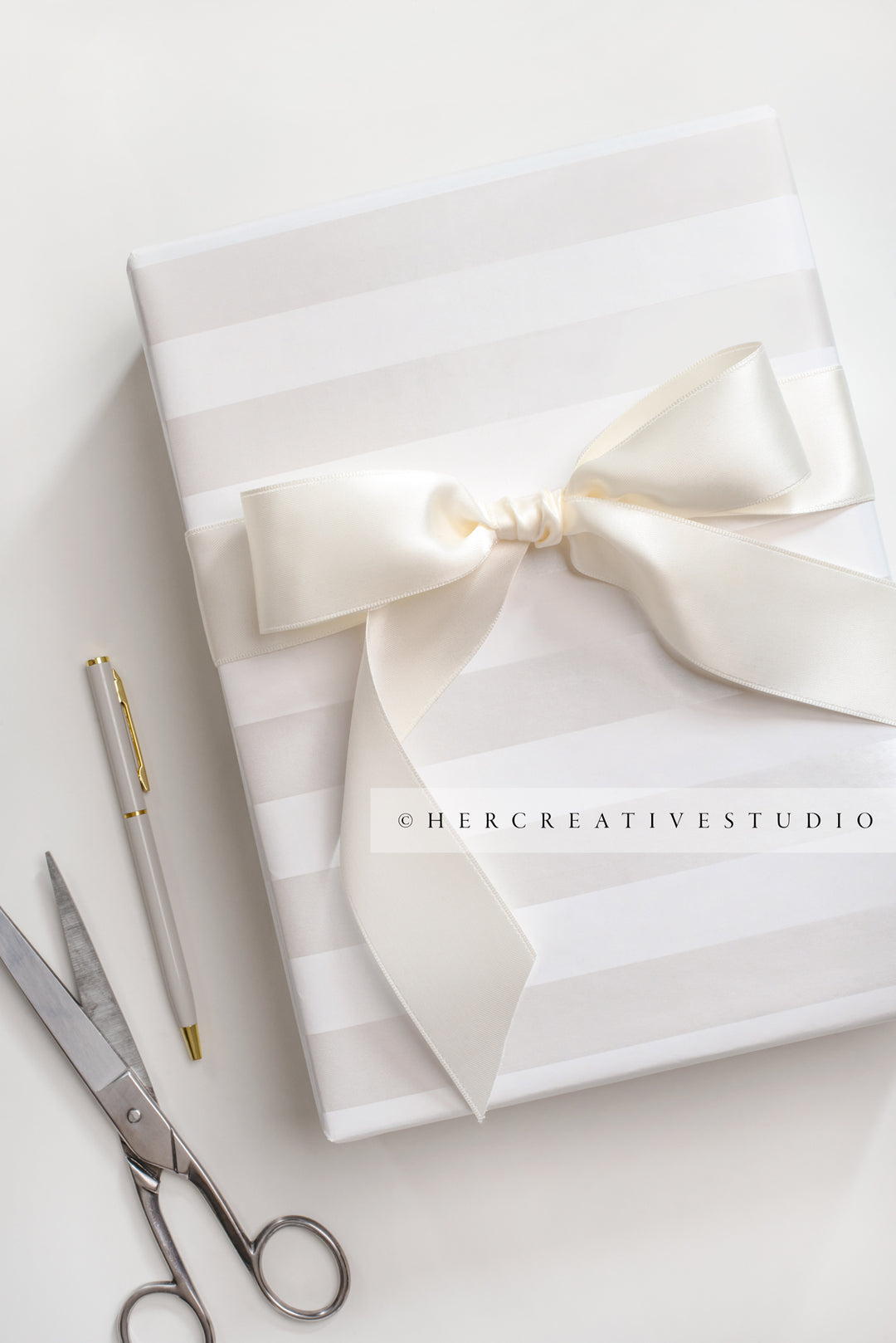 Gifts with Stripes & Scissors on White Background, Stock Image