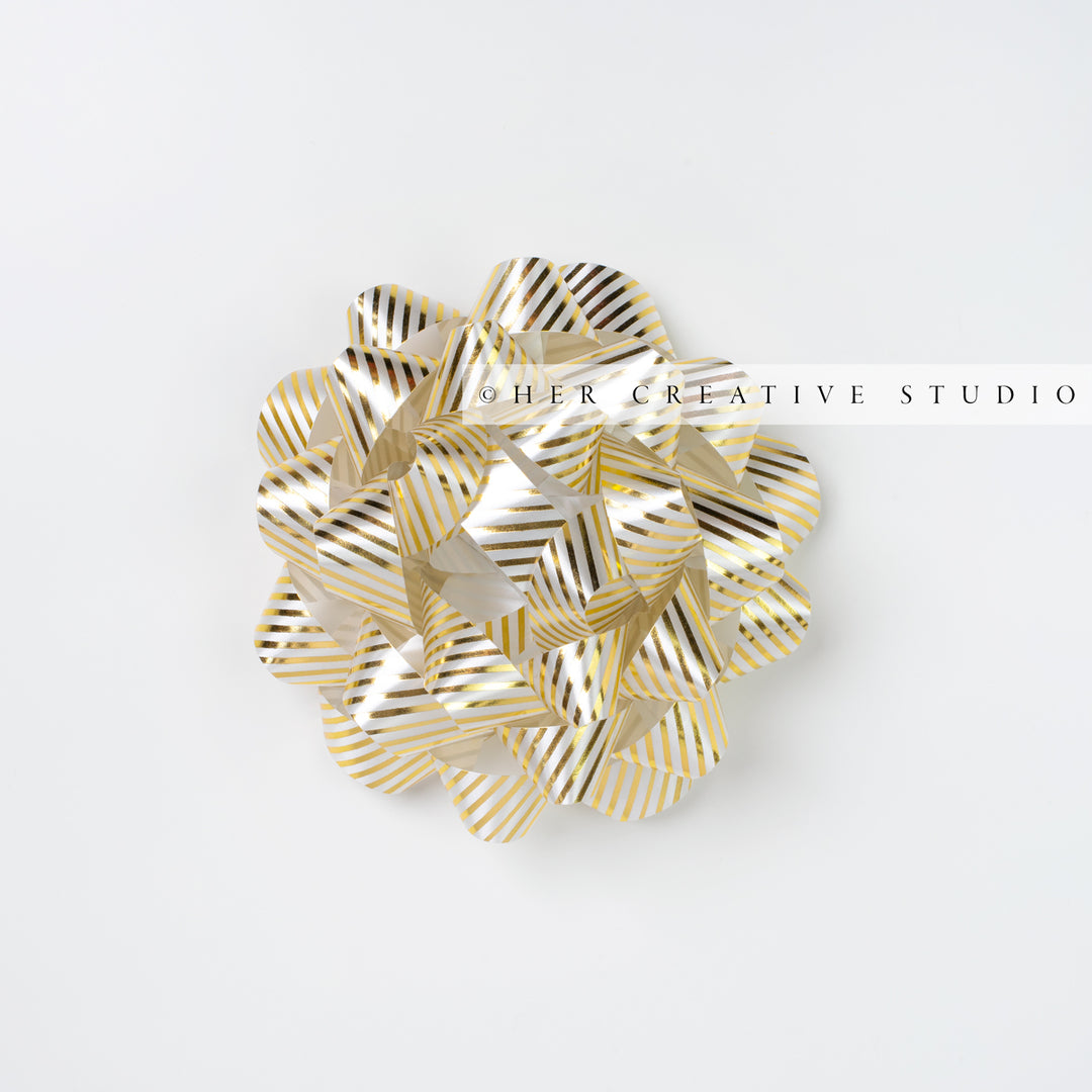 Gold & White Stripped Gift Bow on White Background