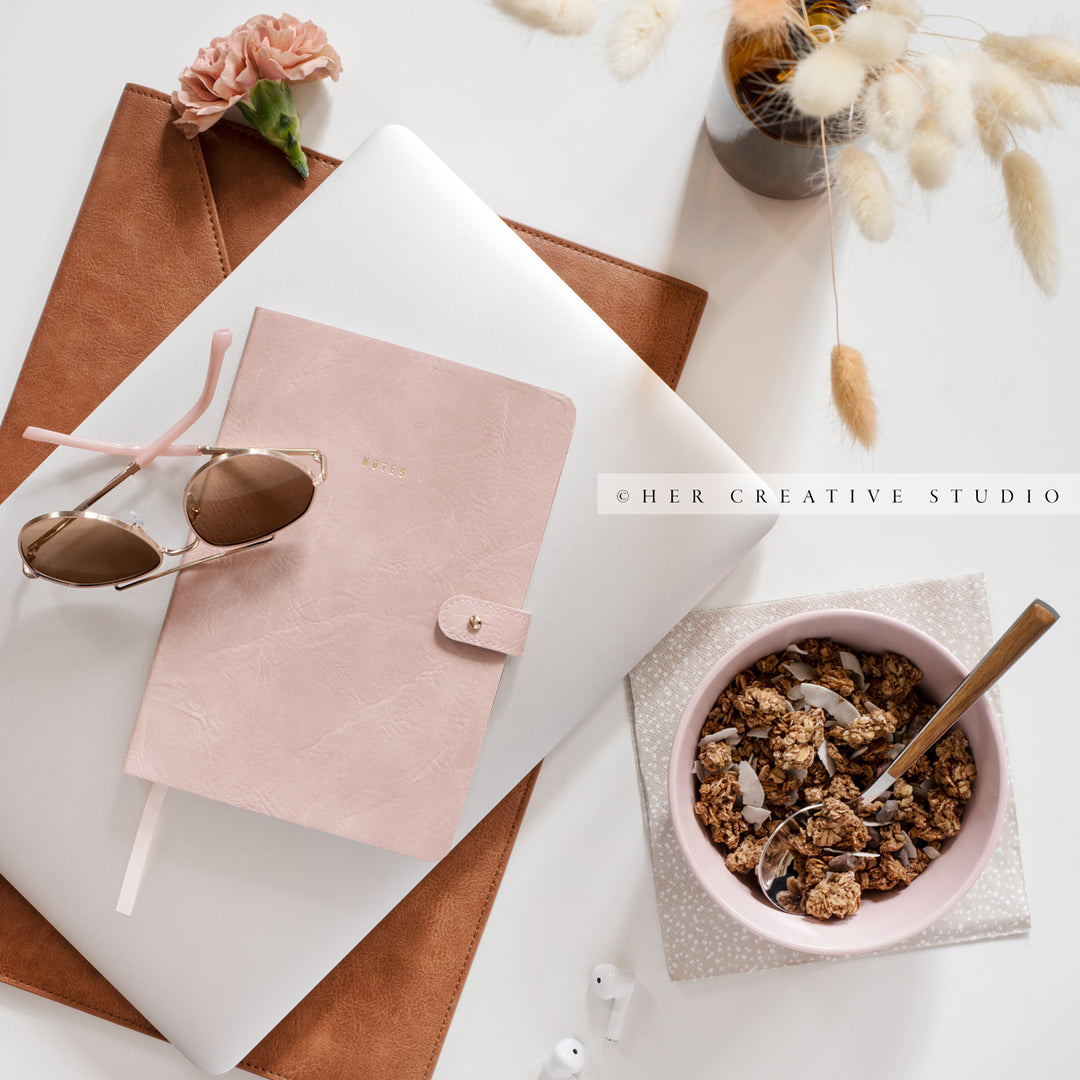 Bowl of Granola, Coffee & Candle. Digital Image.