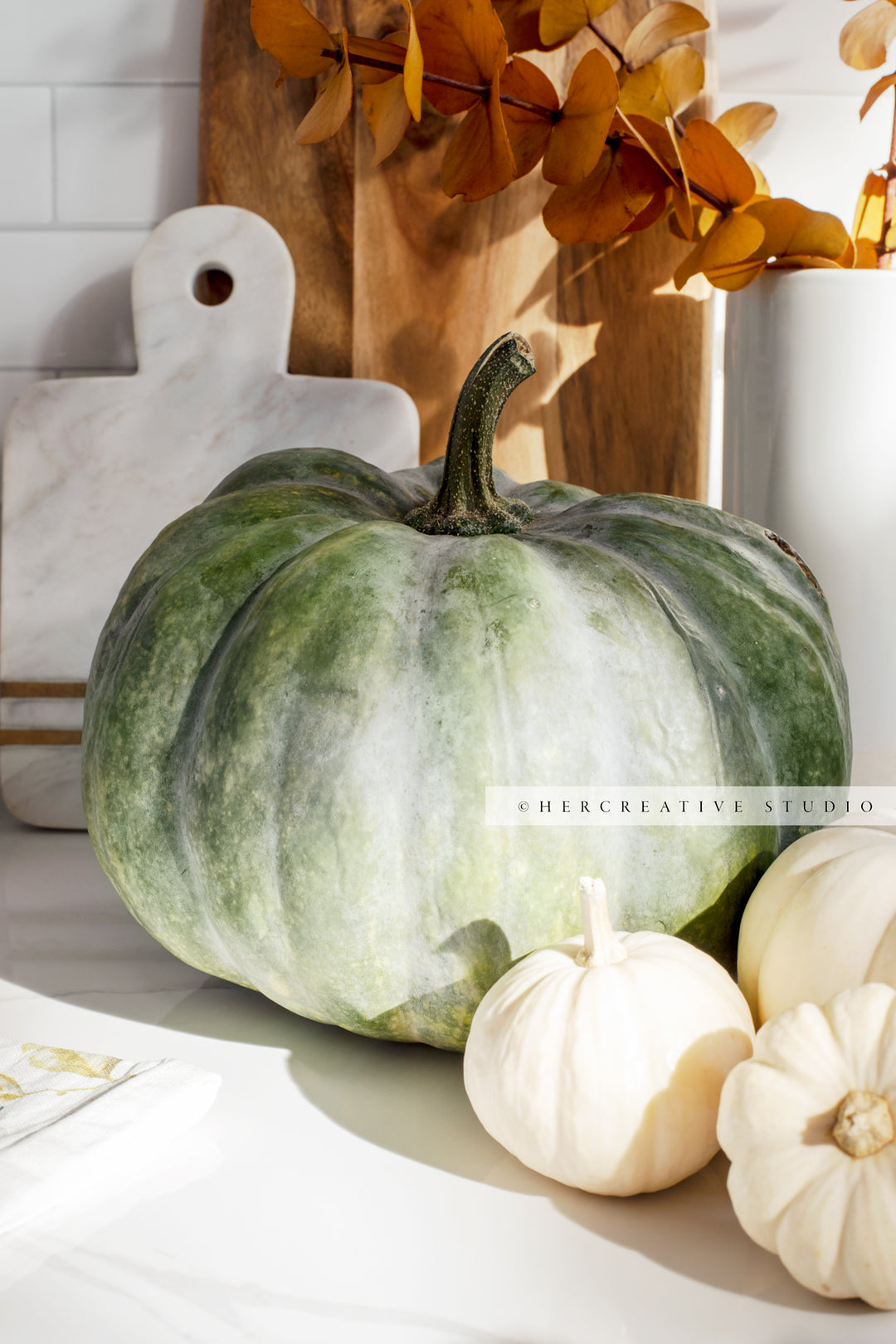 Green & White Pumpkins in Kitchen. Digital Stock Image.