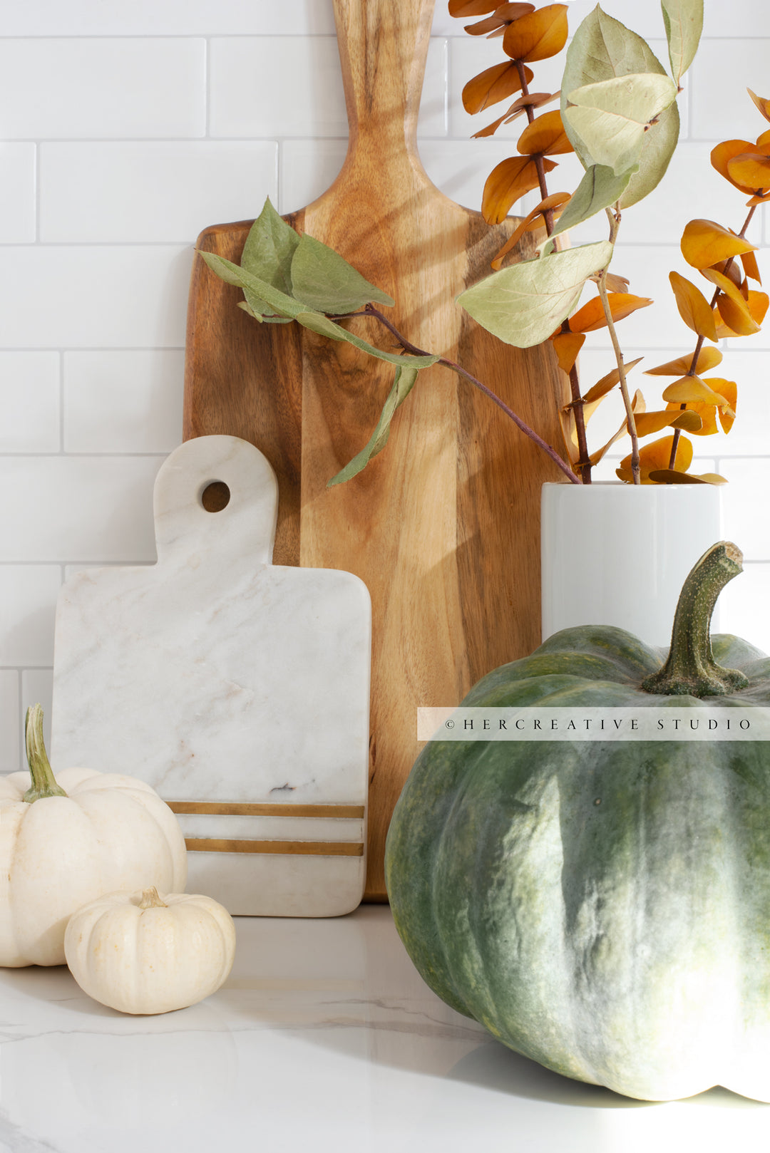 Fall Pumpkins & Cutting Boards in Kitchen. Digital Stock Image.