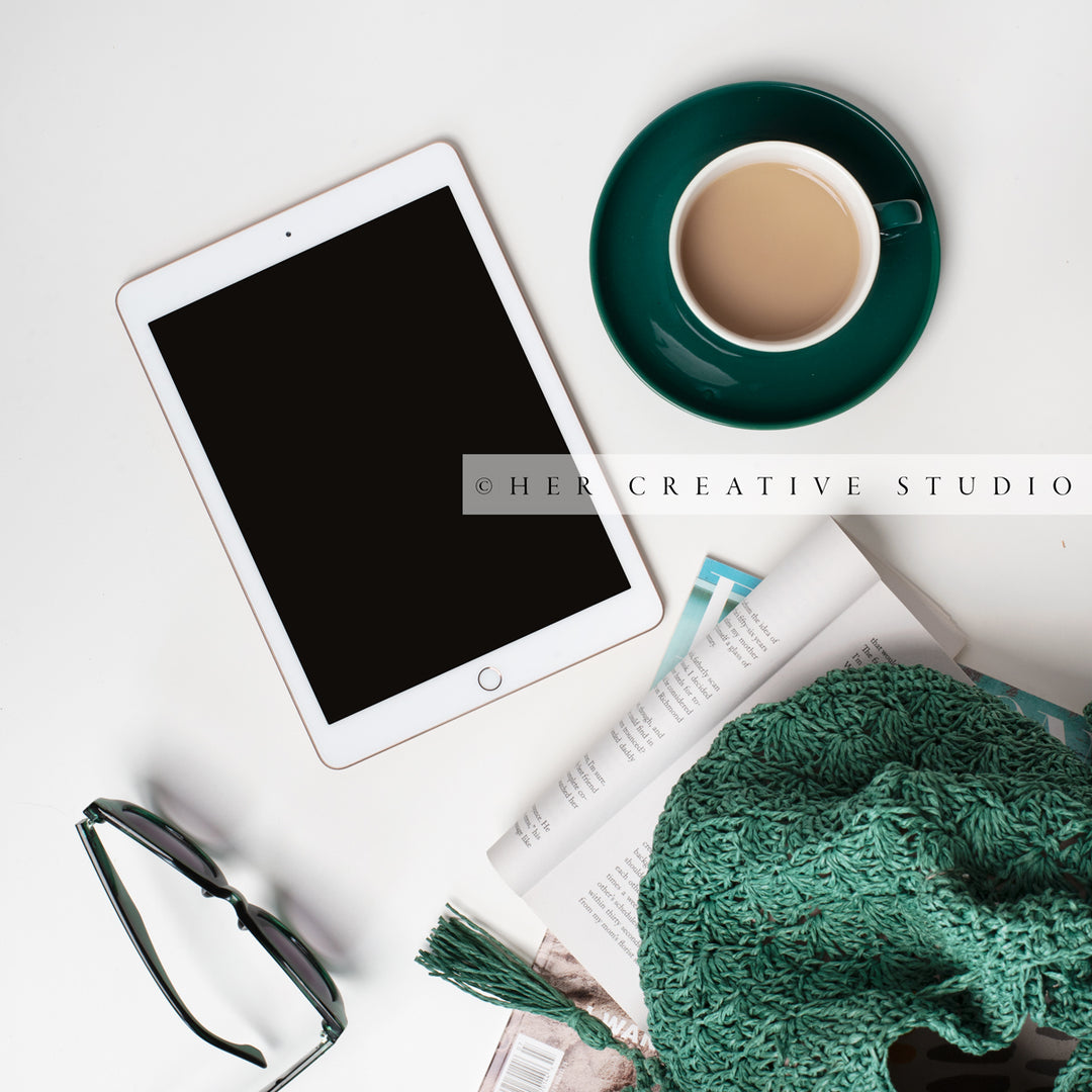 Coffee, Tote & Tablet. Styled Stock Image