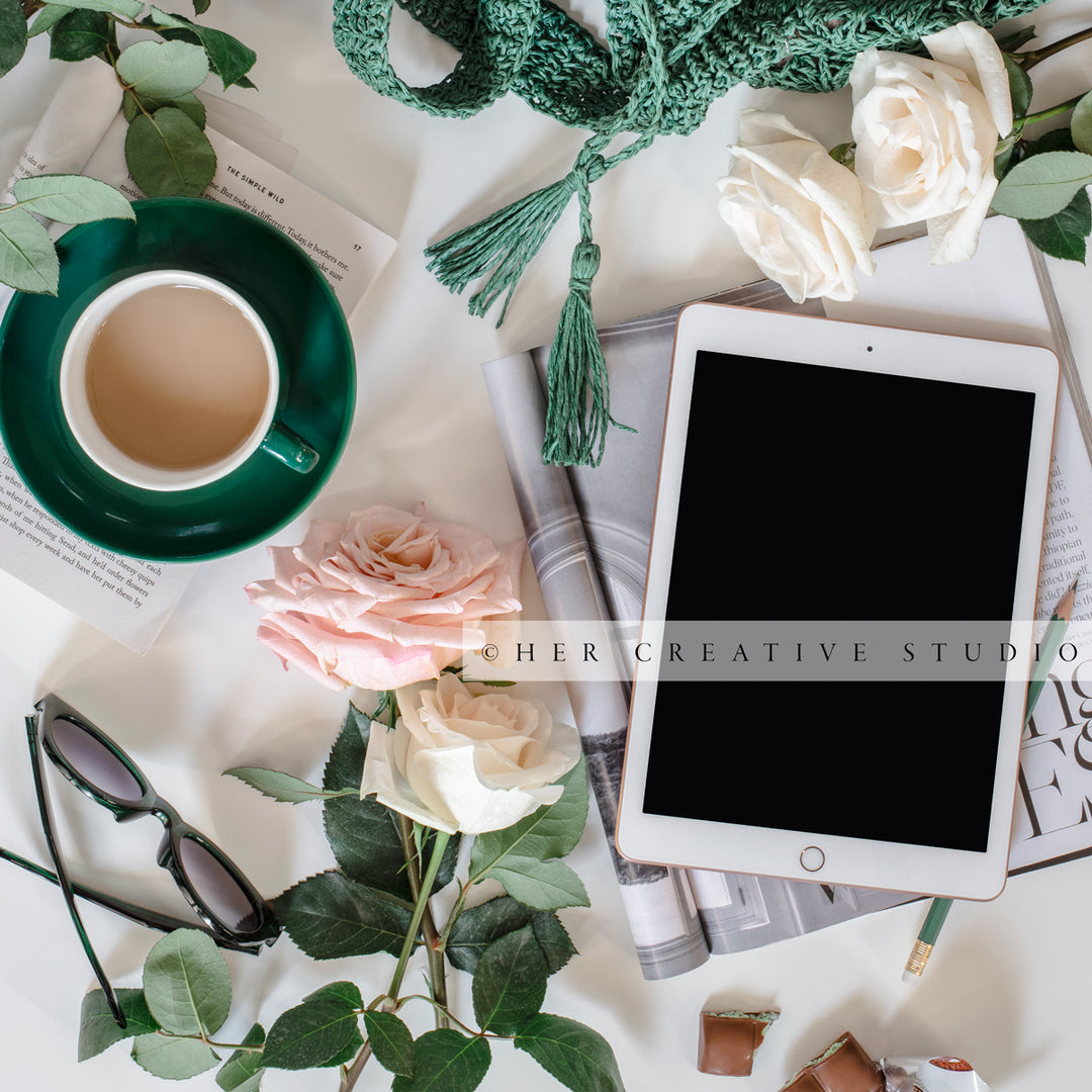 Coffee, Roses & Tablet. Styled Stock Image