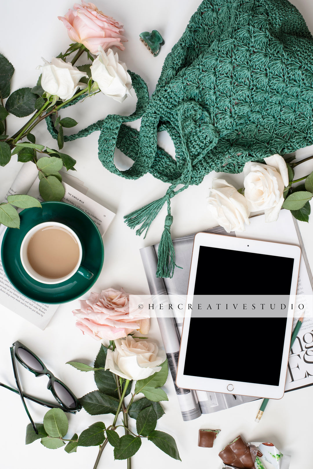 Coffee, Roses, Tote & Tablet. Styled Stock Image