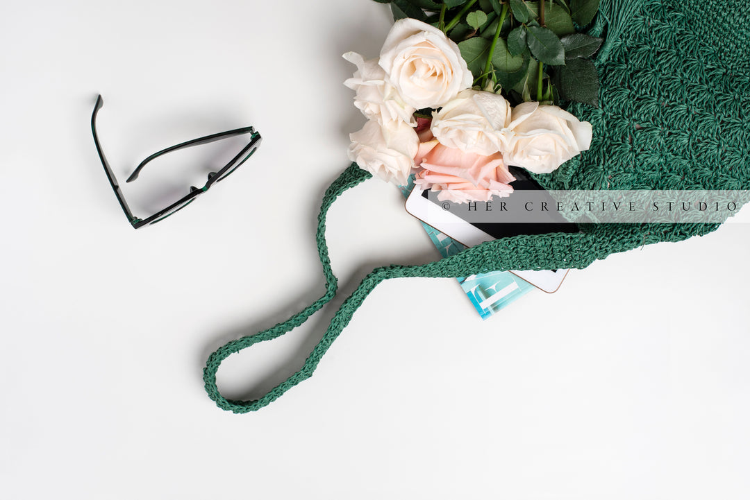 Tote, Sunglasses & Roses on White Background. Digital Stock Image
