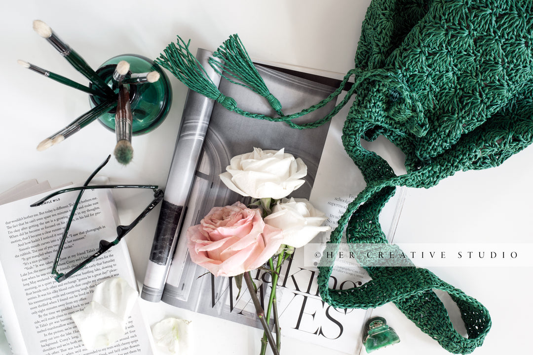 Paintbrushes, Roses & Tote. Digital Stock Image