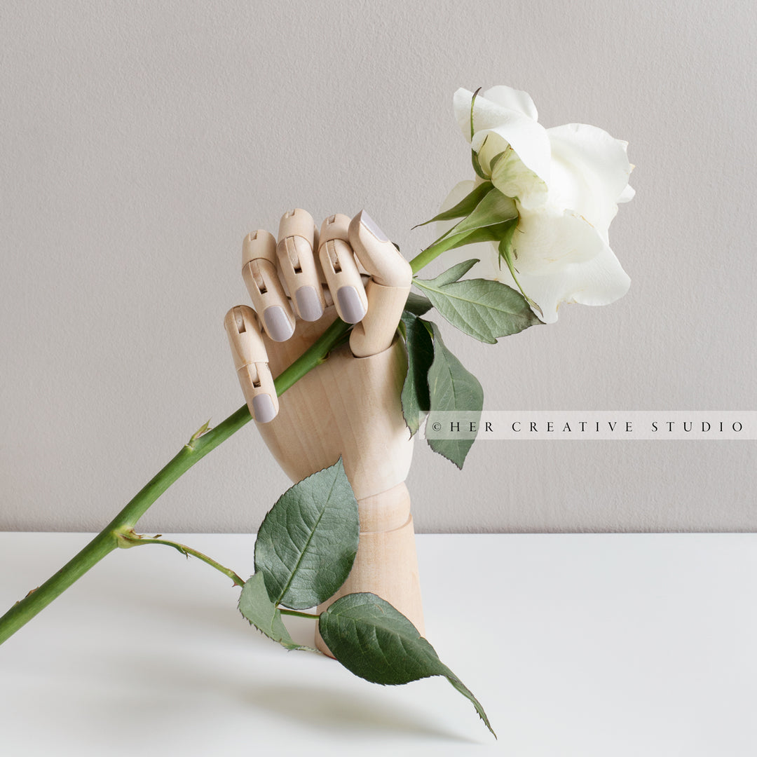Wooden Hand Holding Rose. Stock Image
