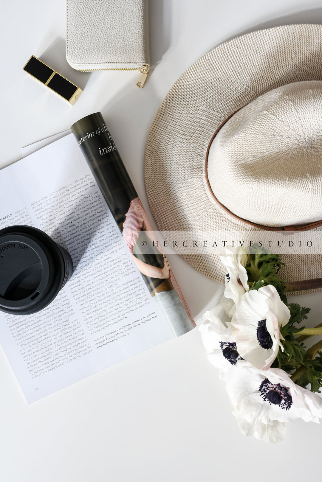 Panama Hat, Coffee, Lipstick & Anemone, Styled Image