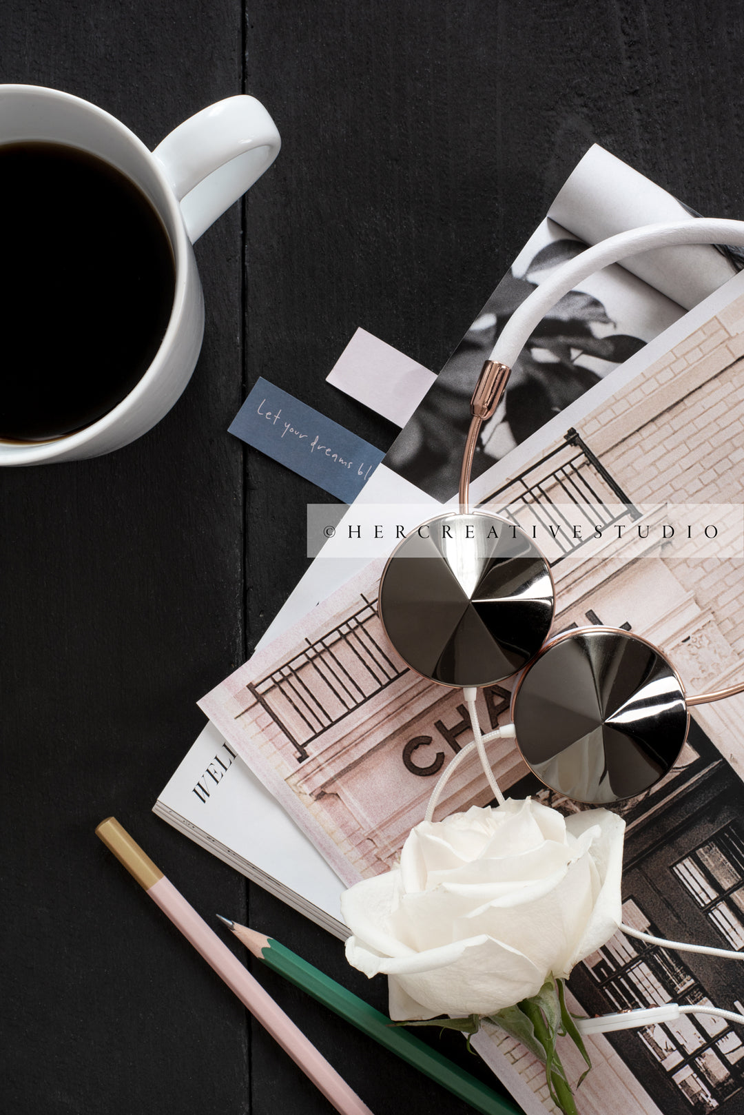 Coffee, Headphone & Rose on Black Desk