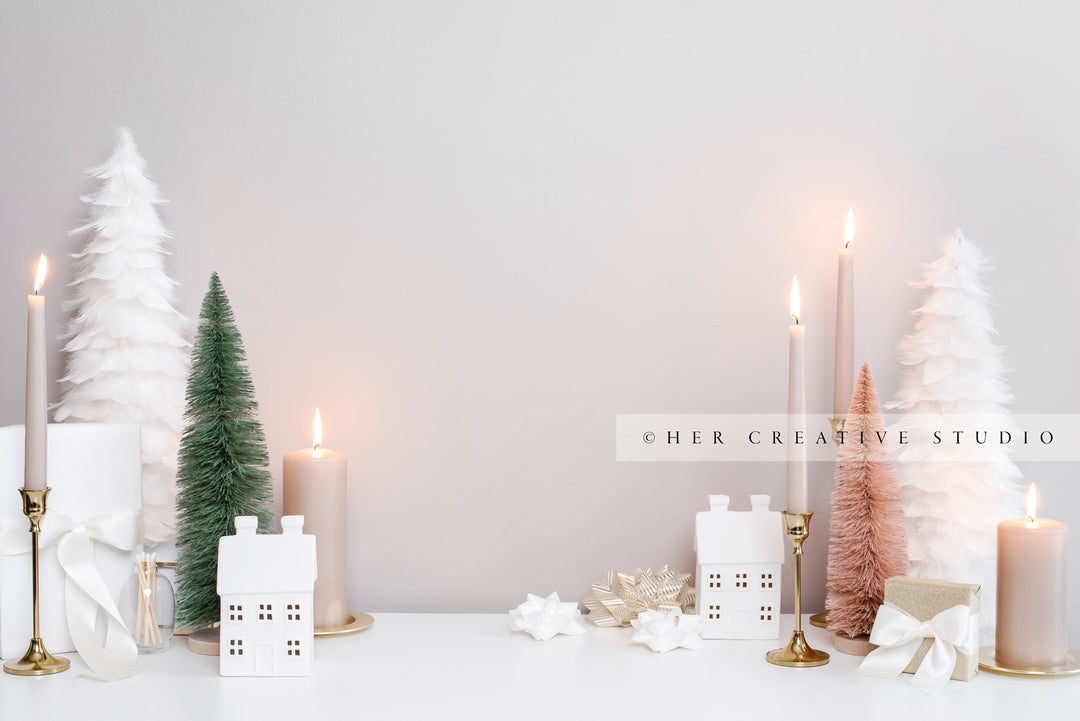Holiday Tablescape with Nude Candles, White & Green Trees