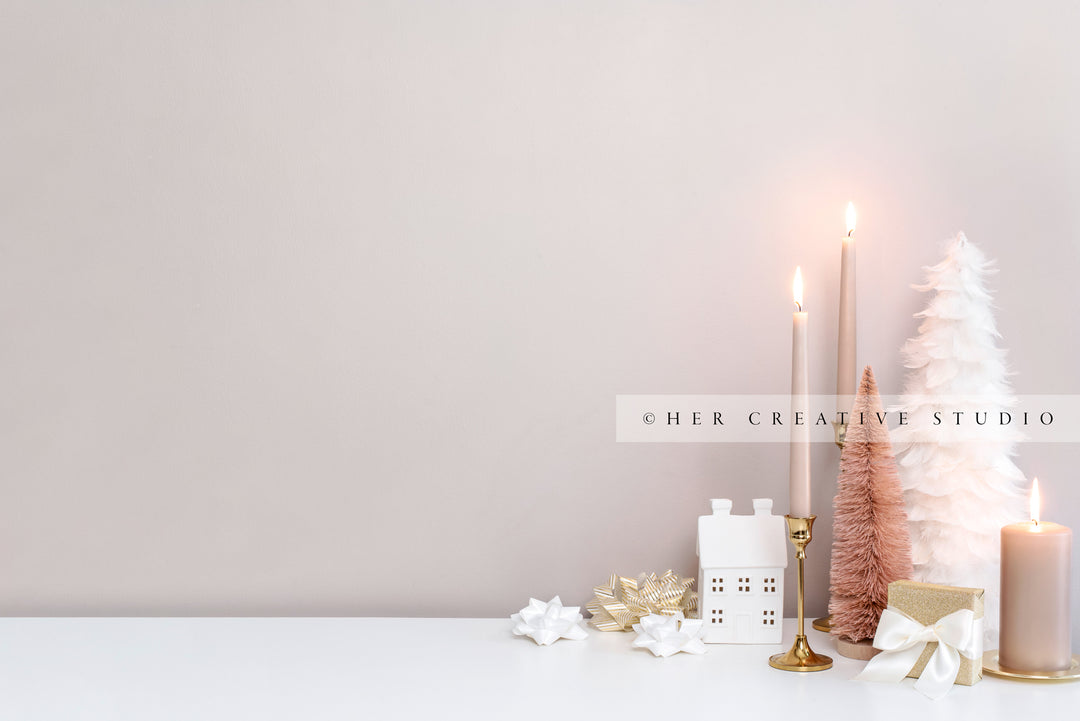Holiday Tablescape with Nude Candles & White Trees