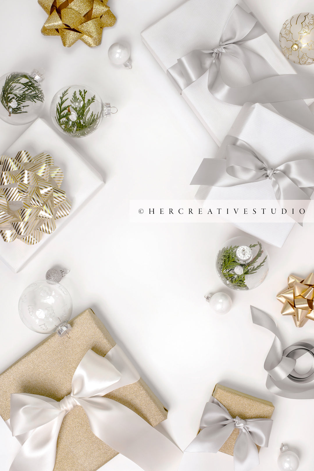 Gold Presents with Ribbon, Ornaments Flatlay on White Background