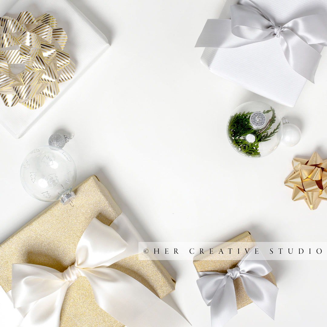 Holiday Gifts with Bows in Gold & Grey