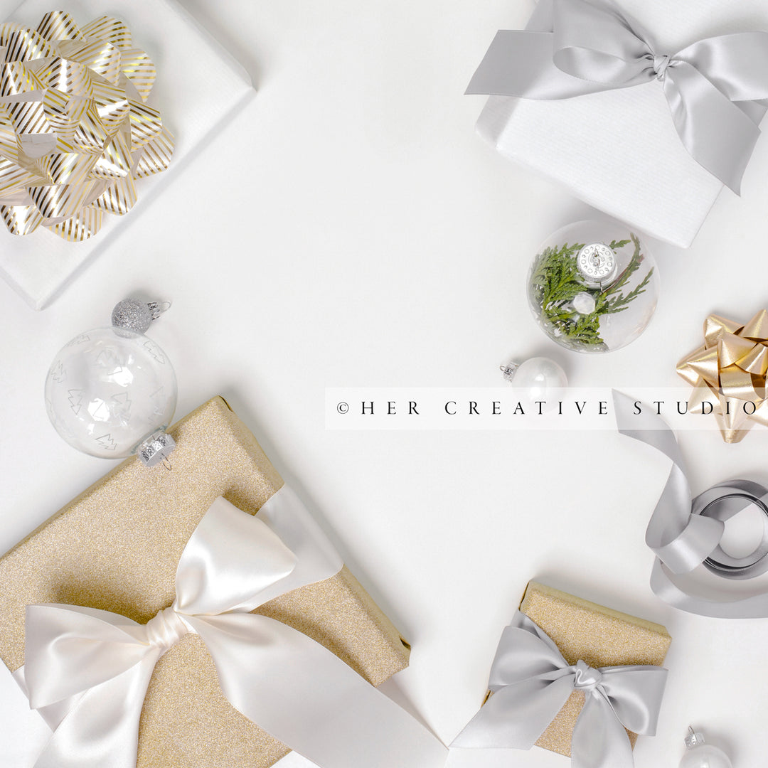Gold & White Holiday Gifts with Trimmings, Styled Image