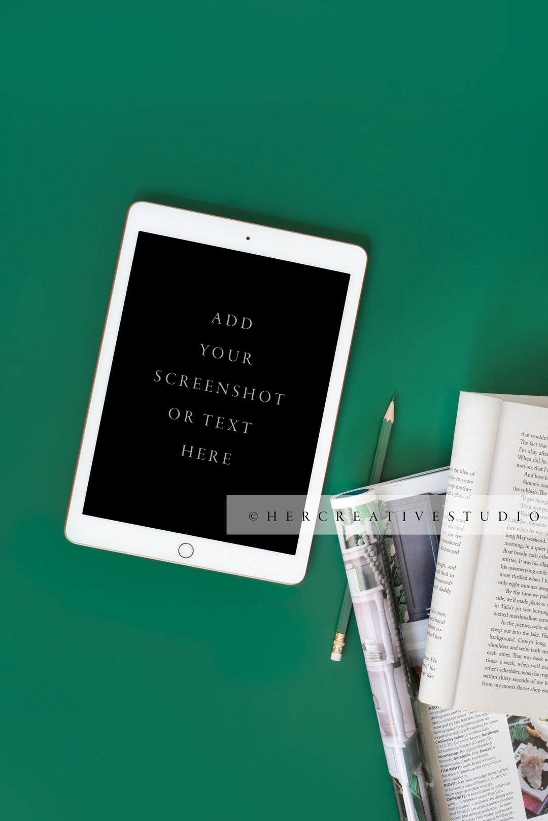 Book & Tablet on Green Background. Digital Image